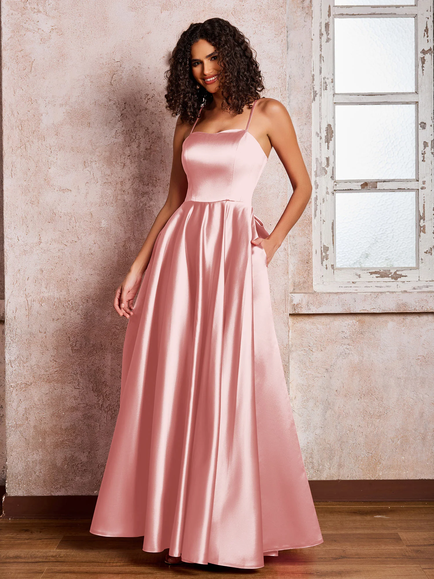 Square Neck Spaghetti Straps Satin Dresses with Bow Dusty Rose - Image 3