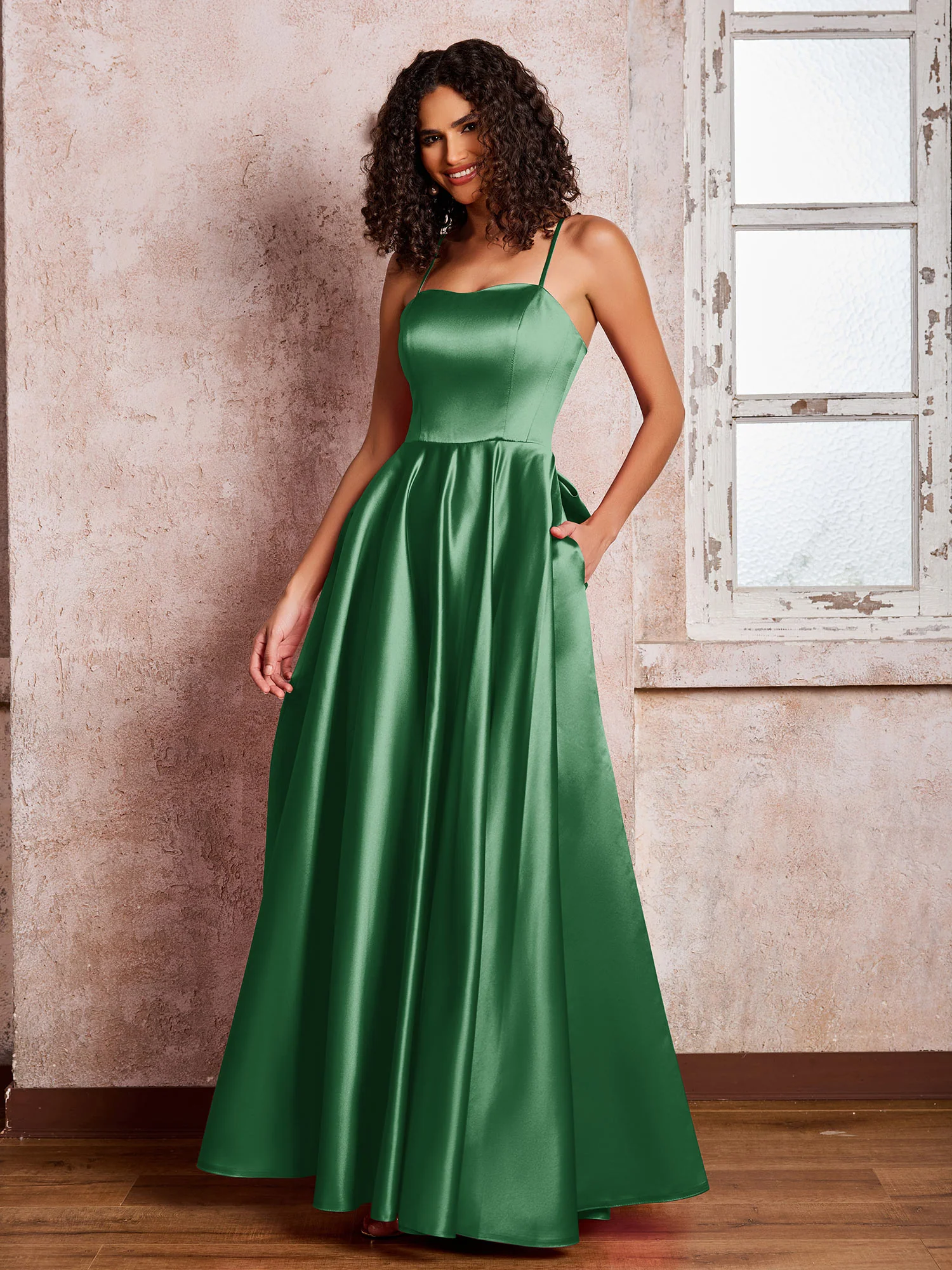 Square Neck Spaghetti Straps Satin Dresses with Bow Emerald - Image 3