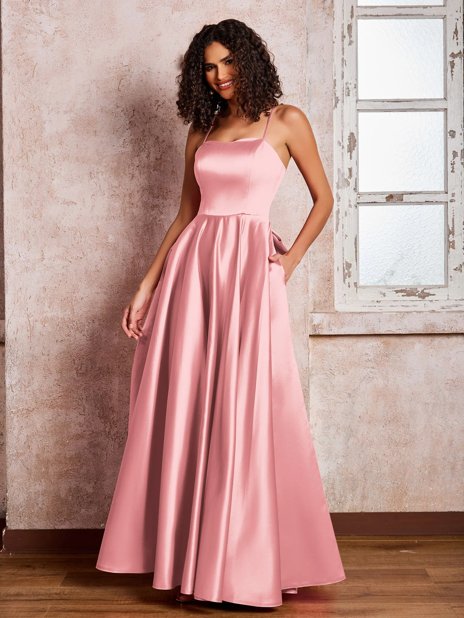 Square Neck Spaghetti Straps Satin Dresses with Bow Flamingo - Image 3
