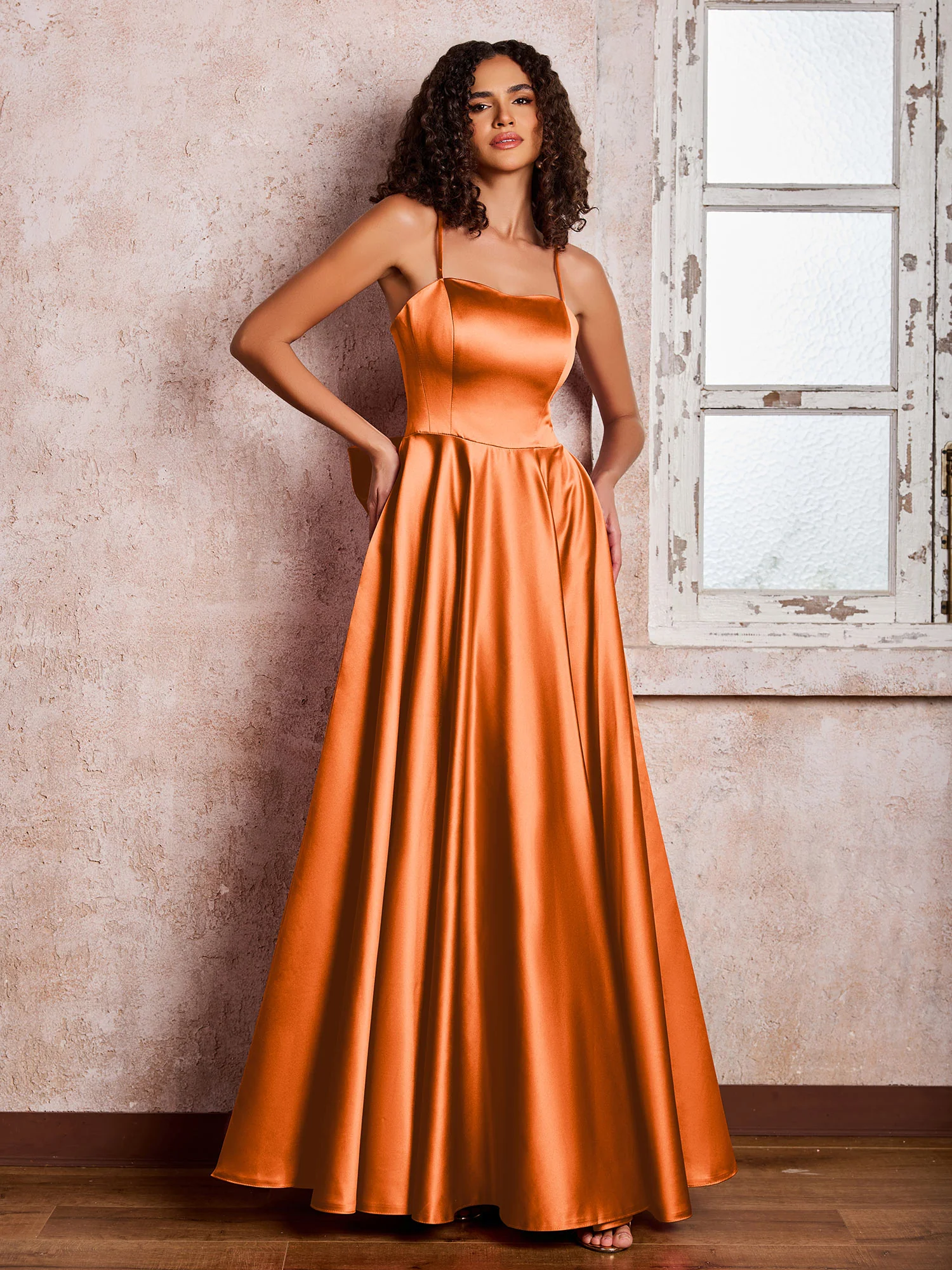 Square Neck Spaghetti Straps Satin Dresses with Bow Orange