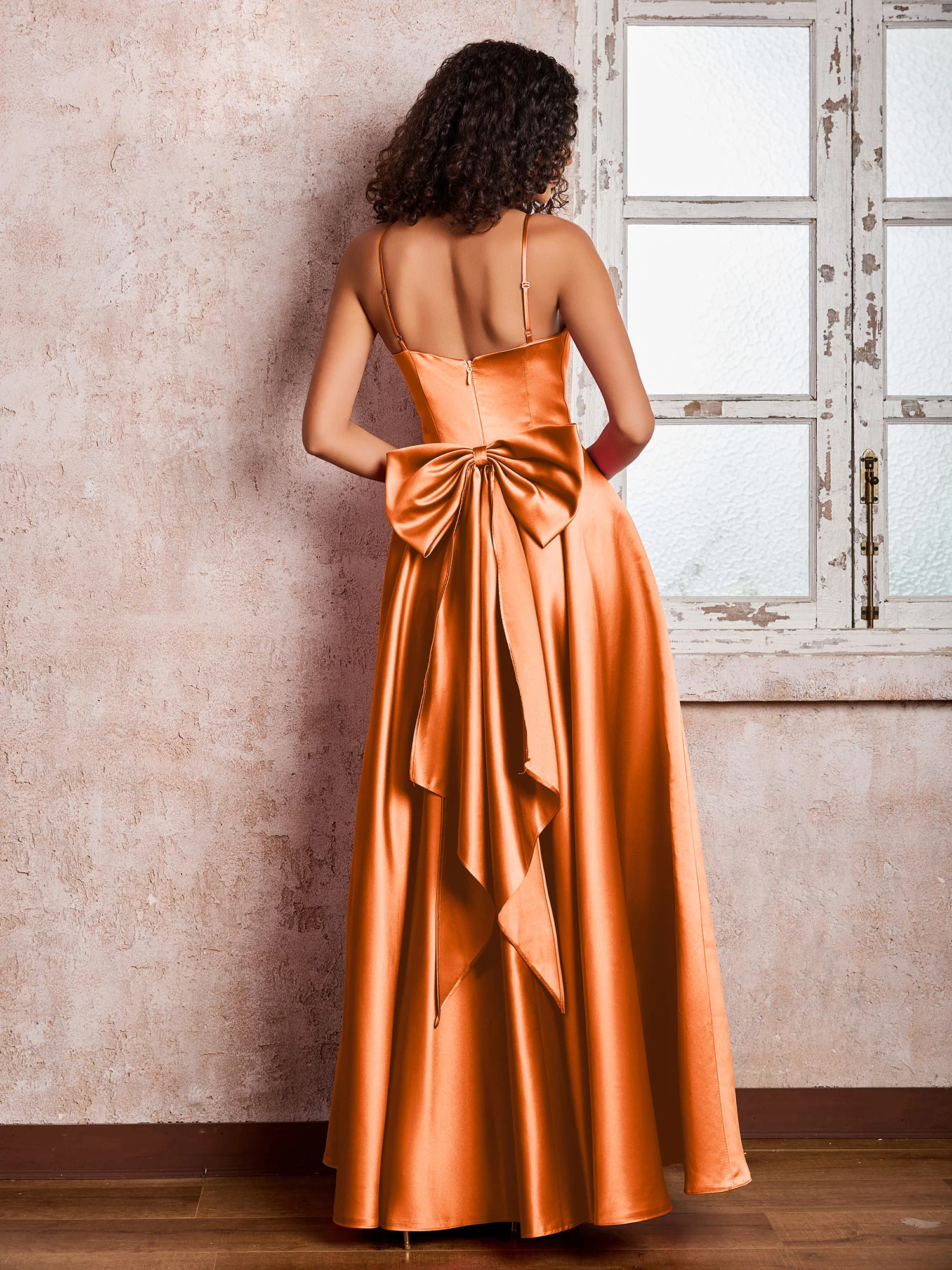 Square Neck Spaghetti Straps Satin Dresses with Bow Orange - Image 2