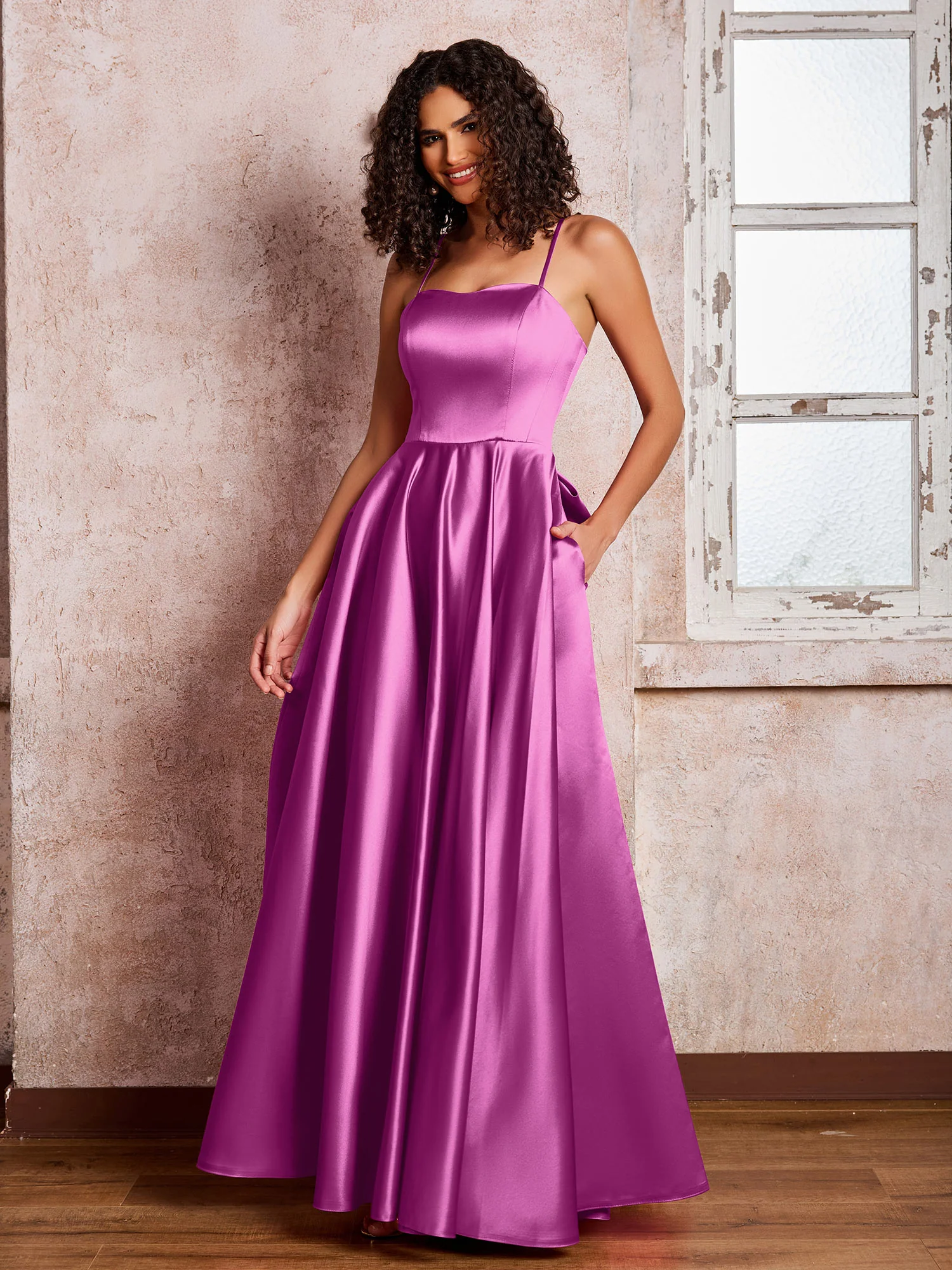 Square Neck Spaghetti Straps Satin Dresses with Bow Orchid - Image 3