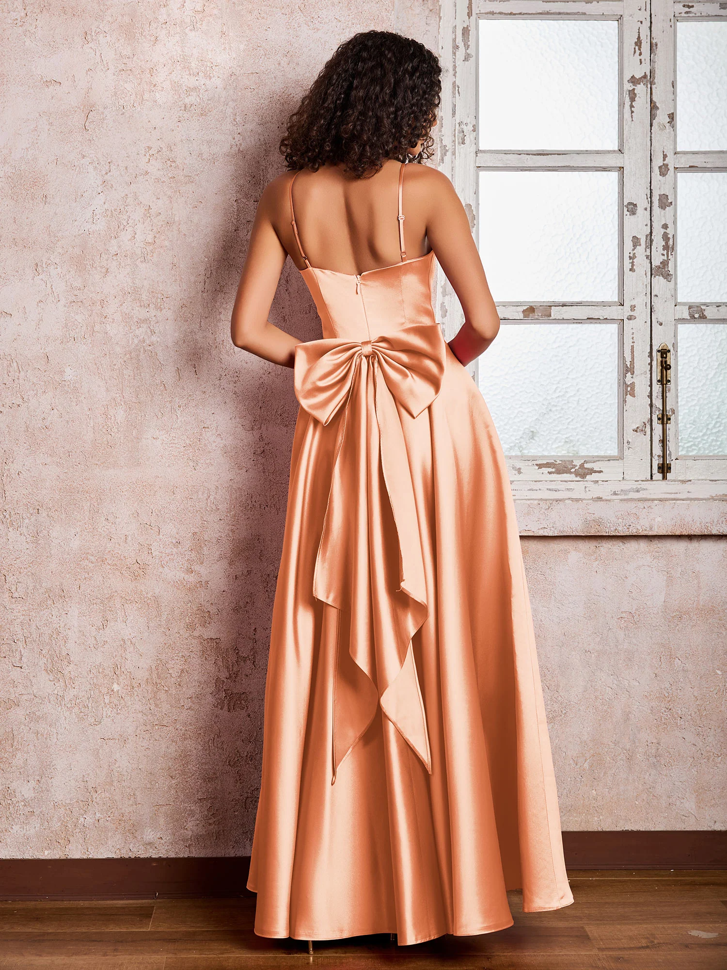 Square Neck Spaghetti Straps Satin Dresses with Bow Papaya - Image 2
