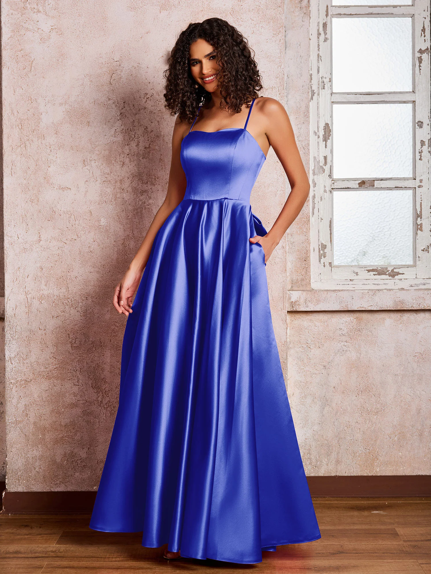 Square Neck Spaghetti Straps Satin Dresses with Bow Royal Blue - Image 3