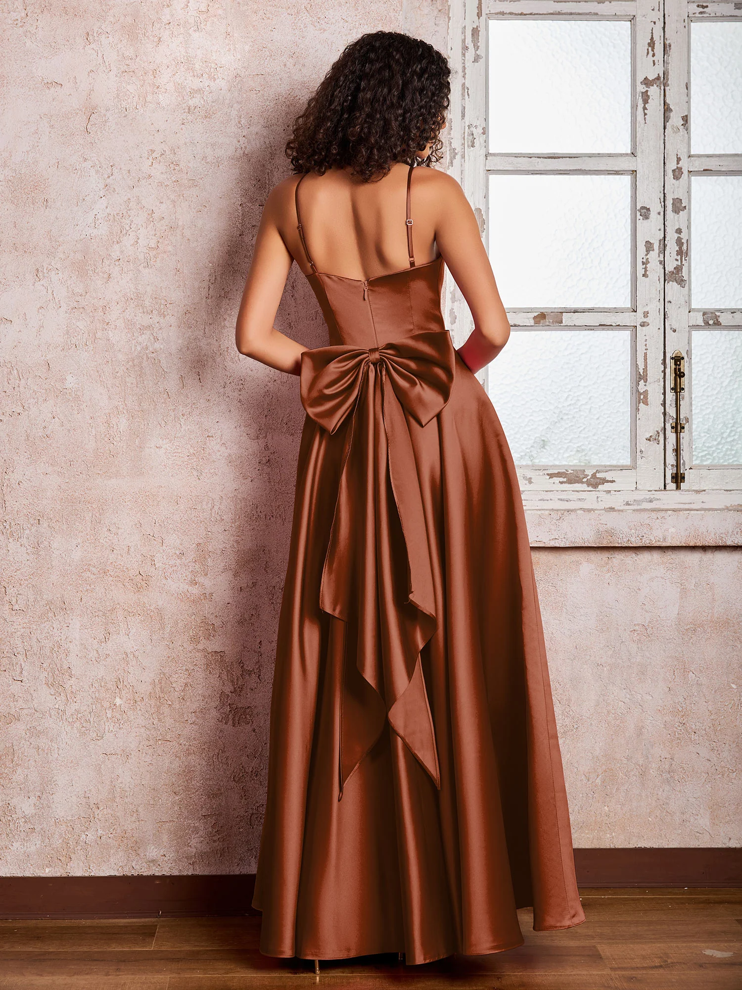 Square Neck Spaghetti Straps Satin Dresses with Bow Terracotta - Image 2