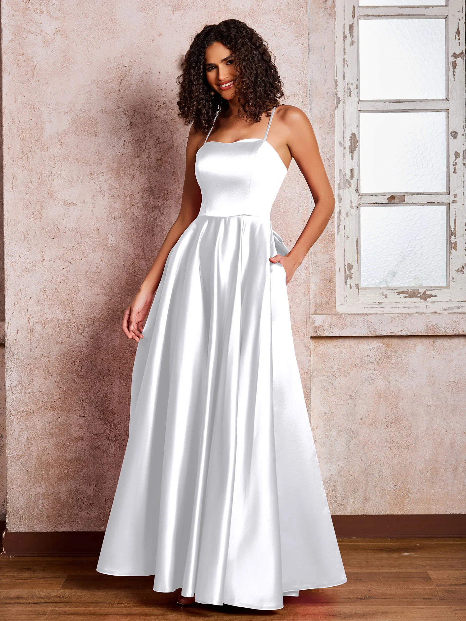 Square Neck Spaghetti Straps Satin Dresses with Bow White - Image 3