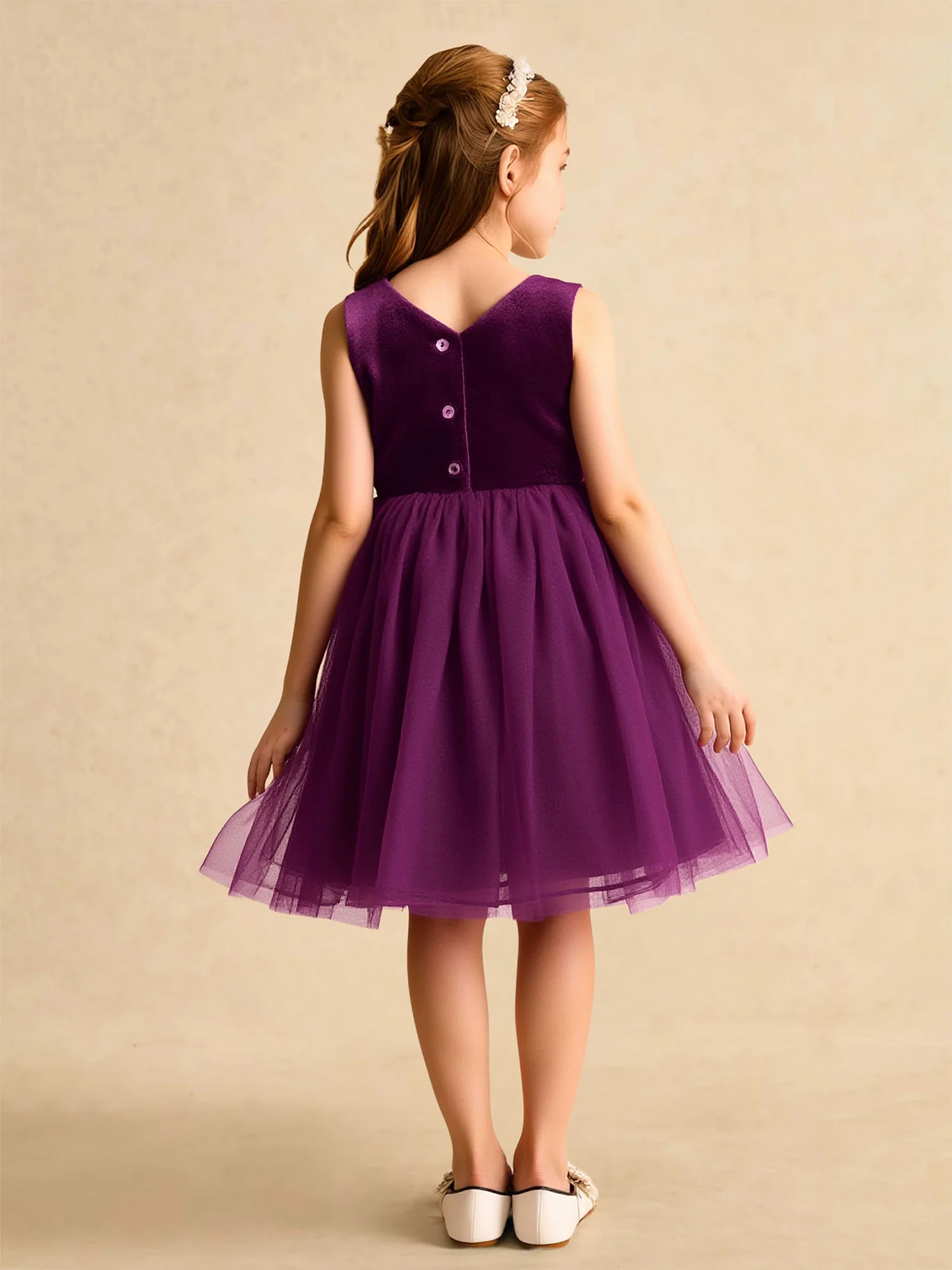 Square Neck Velvet Tulle Flower Girl Dress With Bow Orchid - Image 2