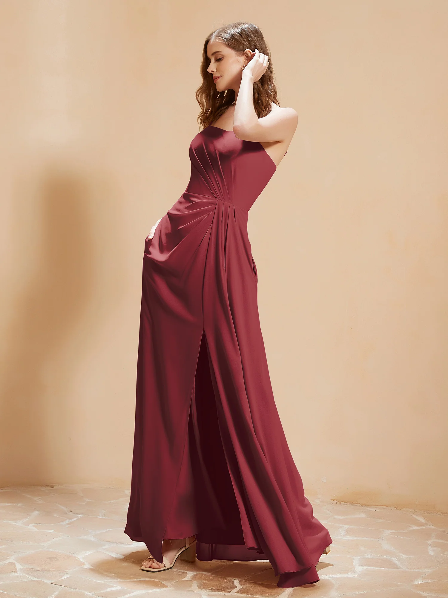Square Neckline A-line Chiffon Dress With Pocket Cinnamon Rose Plus Size - Image 3