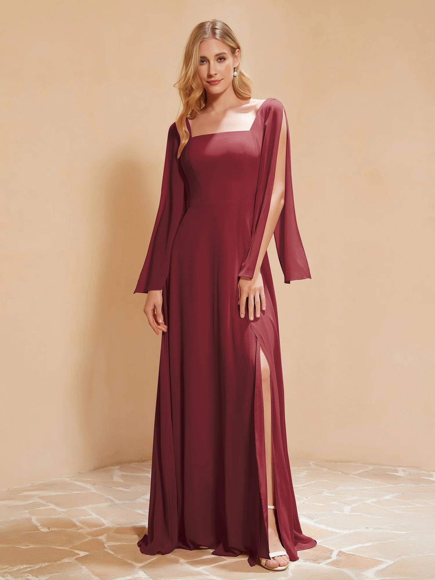 Square Neckline Ruched Chiffon Floor-length Dress Cinnamon Rose