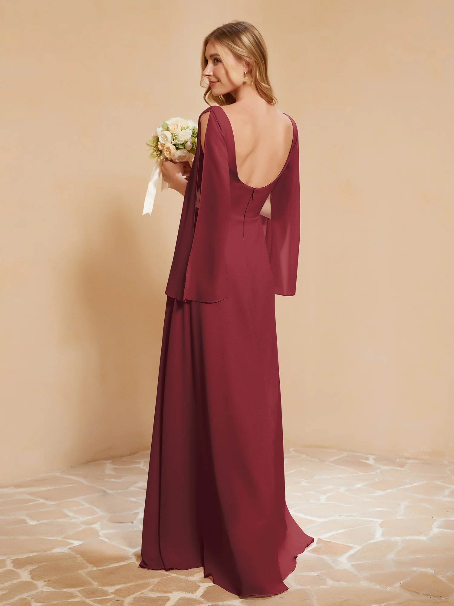 Square Neckline Ruched Chiffon Floor-length Dress Cinnamon Rose - Image 2