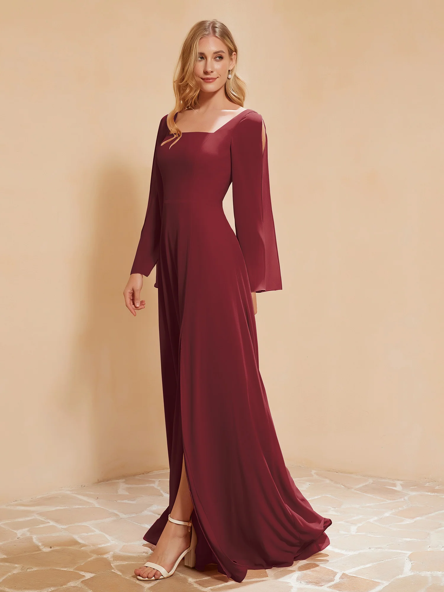 Square Neckline Ruched Chiffon Floor-length Dress Cinnamon Rose Plus Size - Image 3