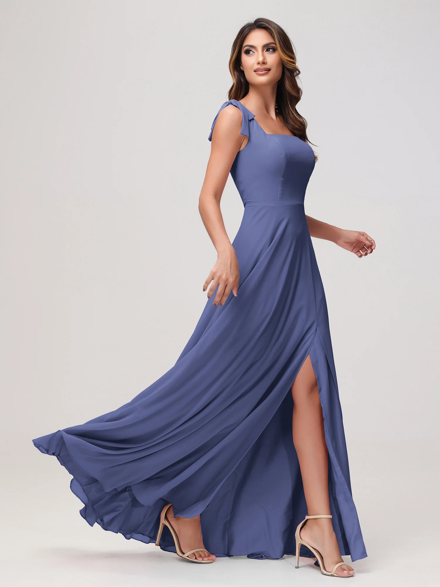 Square Neckline Sleeveless Floor-length Chiffon Dress Periwinkle - Image 3