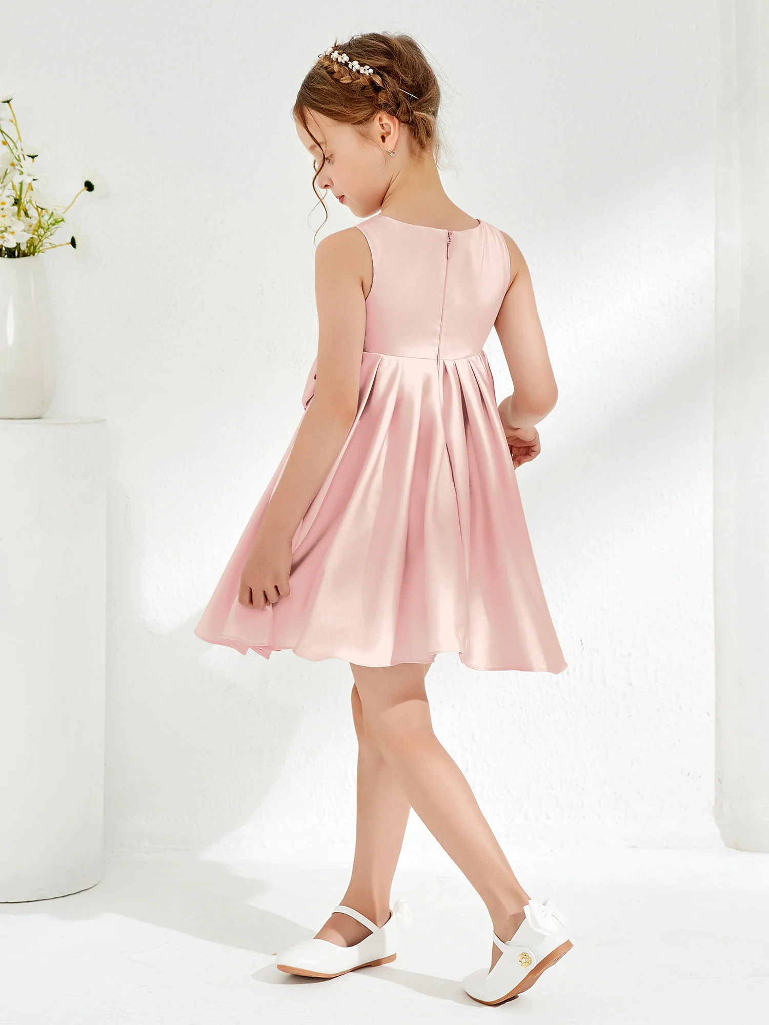 Square Pleated Knee-Length Girl's Dress with Bow Blushing Pink - Image 2