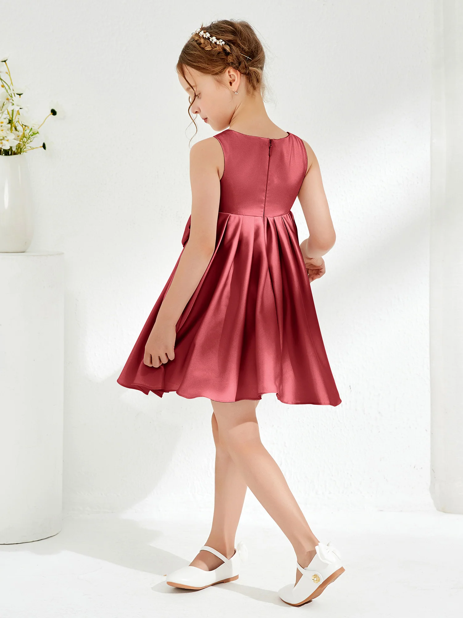 Square Pleated Knee-Length Girl's Dress with Bow Burgundy - Image 2