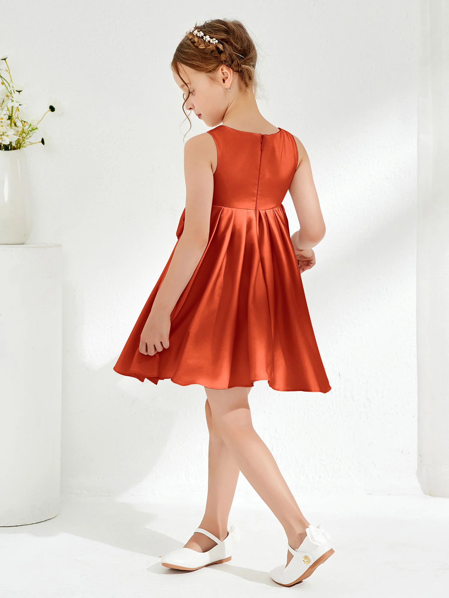 Square Pleated Knee-Length Girl's Dress with Bow Burnt Orange - Image 2