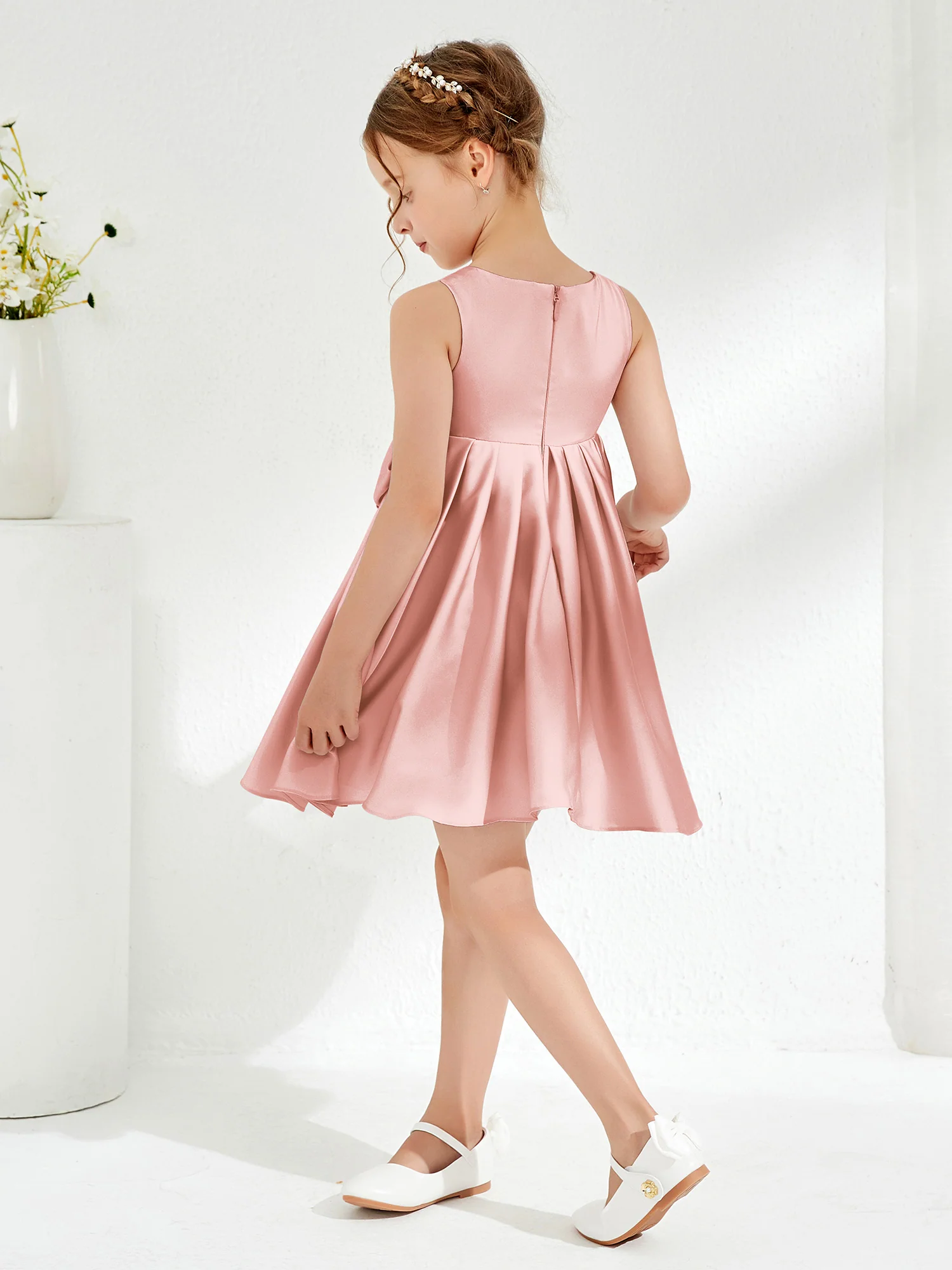 Square Pleated Knee-Length Girl's Dress with Bow Dusty Rose - Image 2