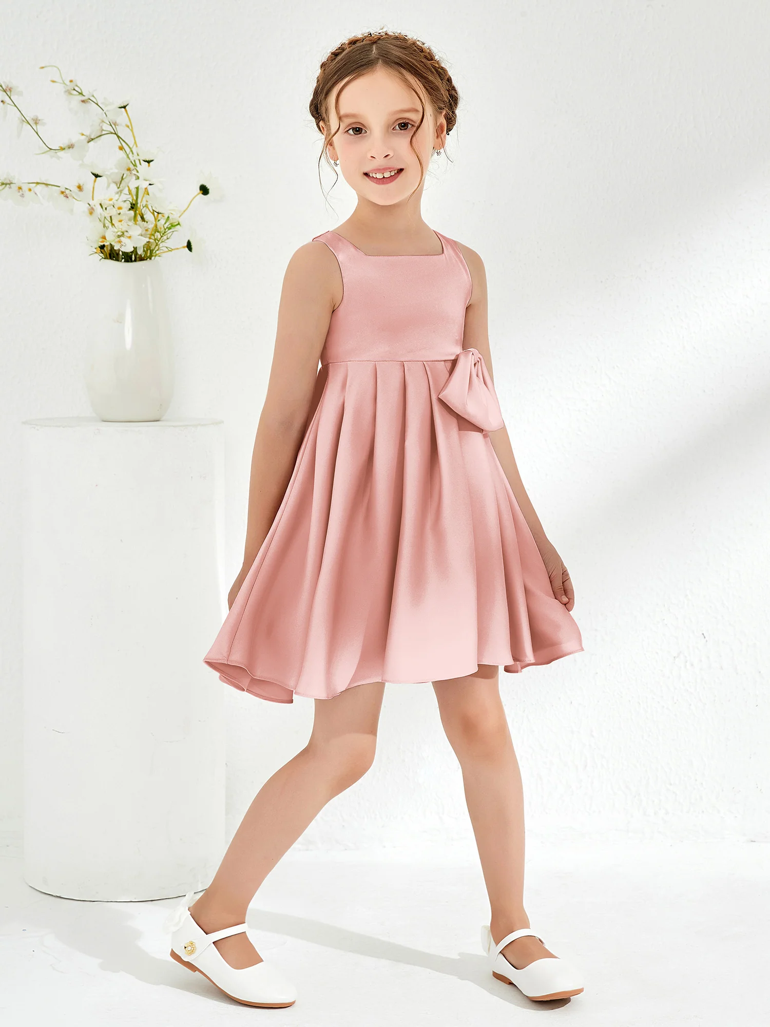 Square Pleated Knee-Length Girl's Dress with Bow Dusty Rose - Image 3