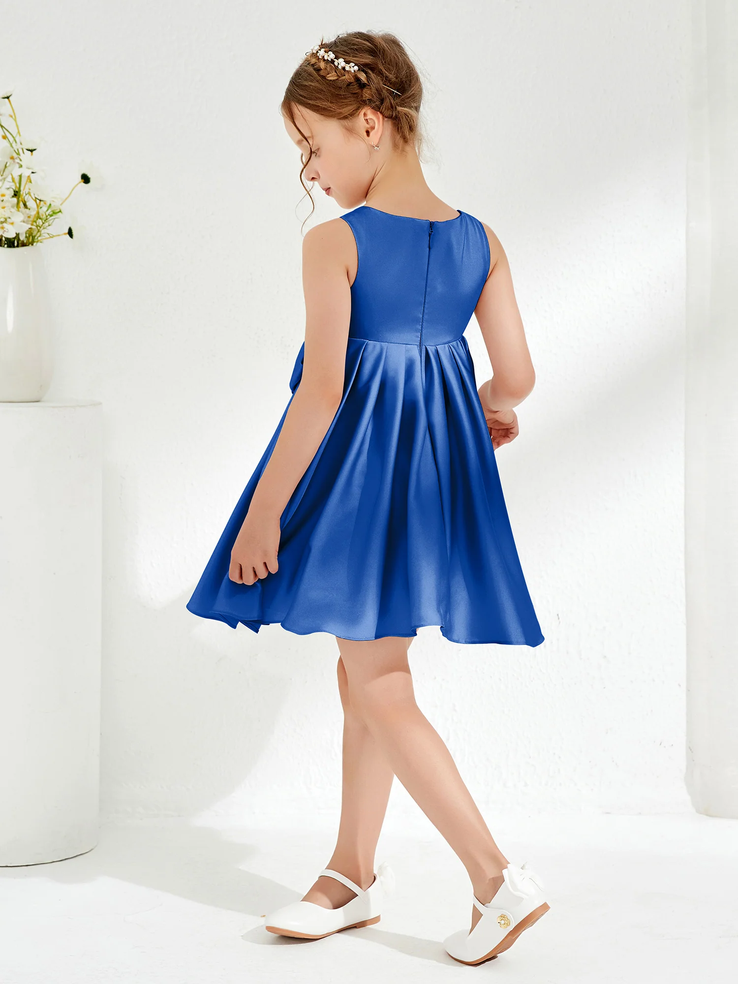 Square Pleated Knee-Length Girl's Dress with Bow Royal Blue - Image 2