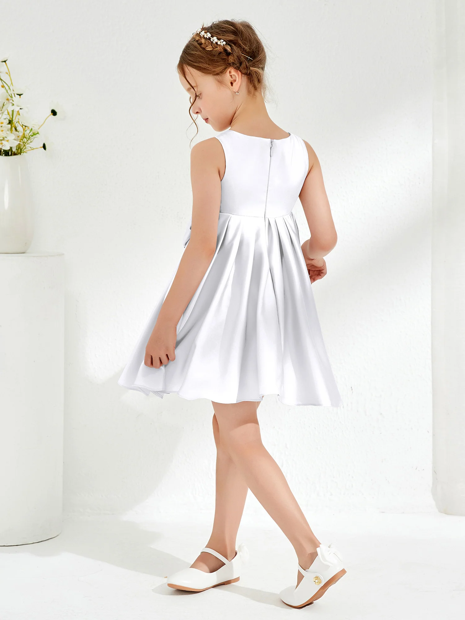 Square Pleated Knee-Length Girl's Dress with Bow White - Image 2