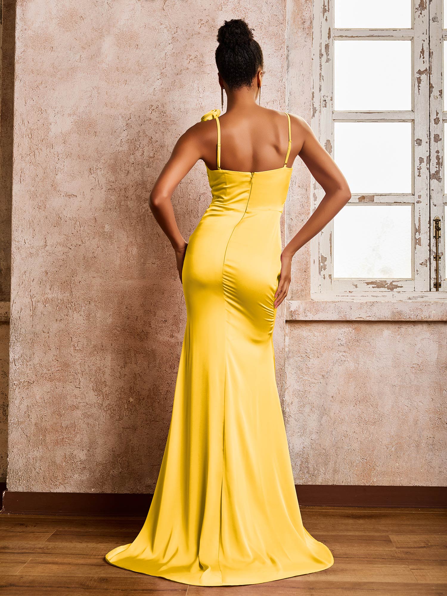 Square Trumpet/Mermaid Dresses With High SIit Marigold - Image 2