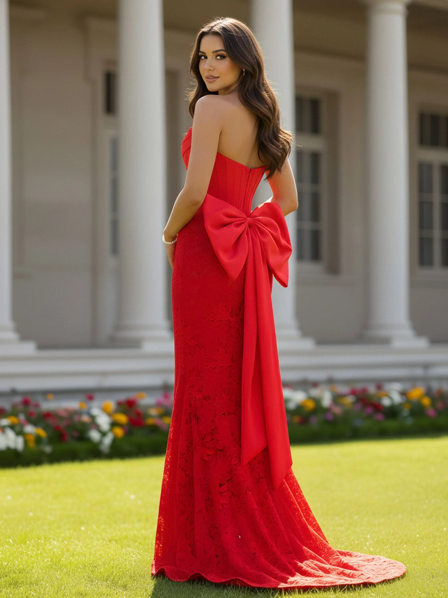 Strapless Corset Lace Bodycon Slit Dress With Bow Marigold - Image 2