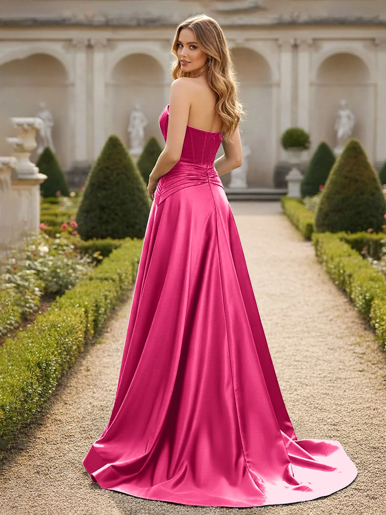 Strapless Pleated A-Line Sweep Train Gown Fuchsia - Image 2