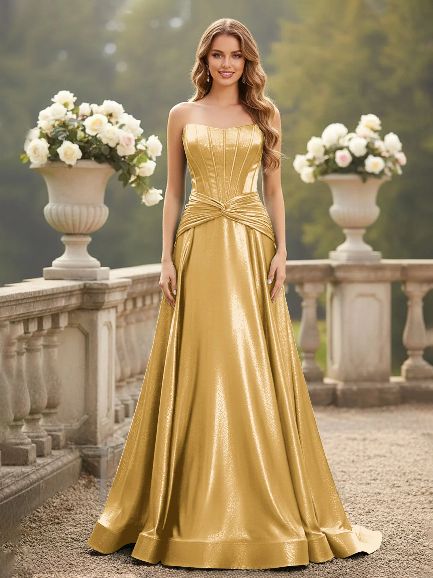 Strapless Pleated A-Line Sweep Train Gown Gold