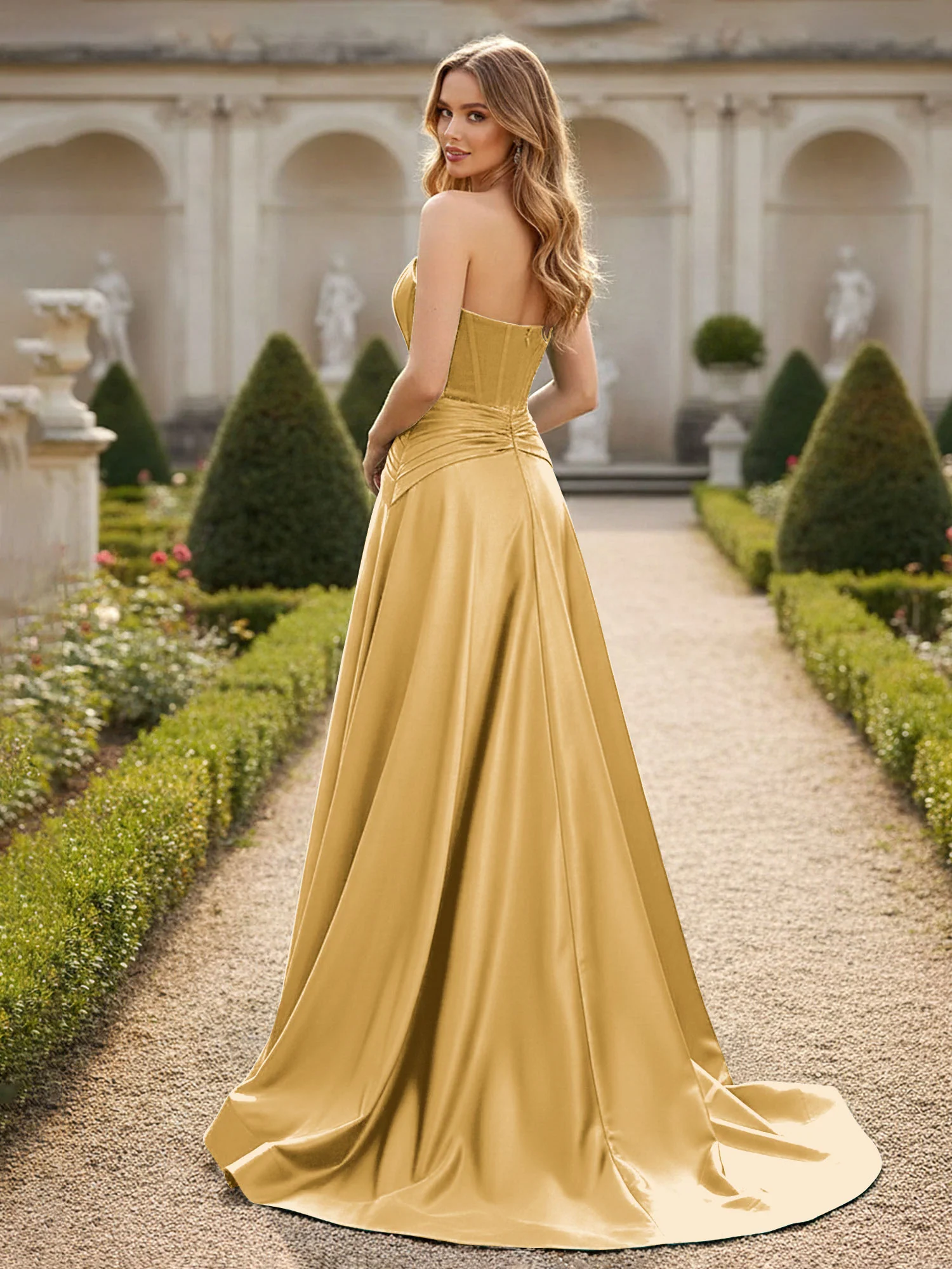 Strapless Pleated A-Line Sweep Train Gown Gold - Image 2