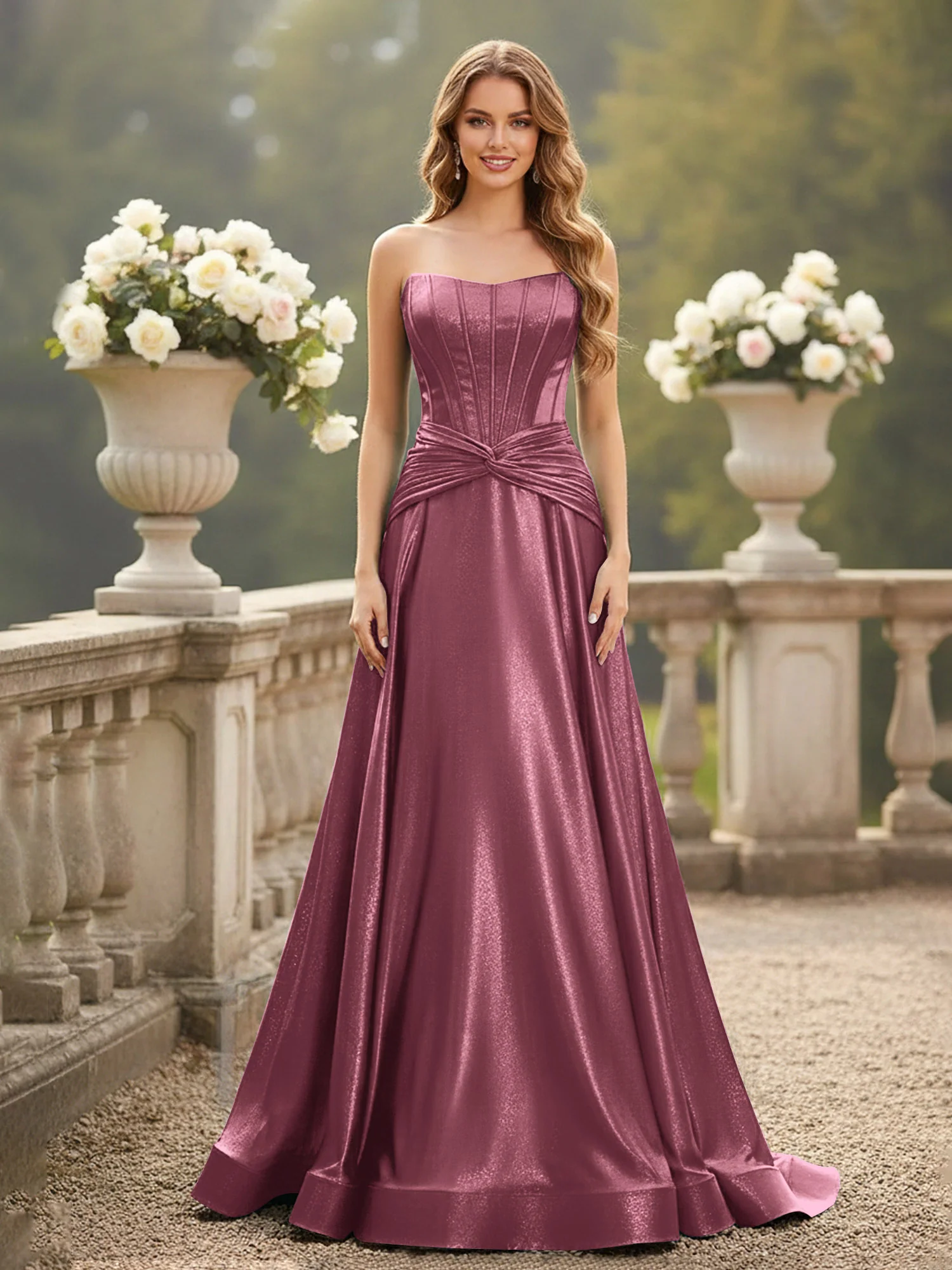 Strapless Pleated A-Line Sweep Train Gown Mulberry