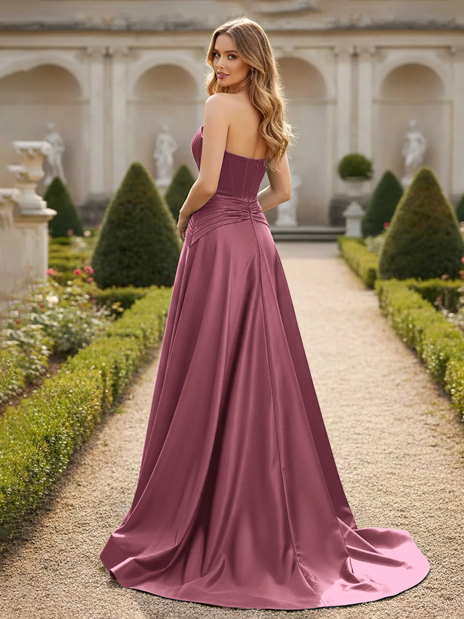 Strapless Pleated A-Line Sweep Train Gown Mulberry - Image 2