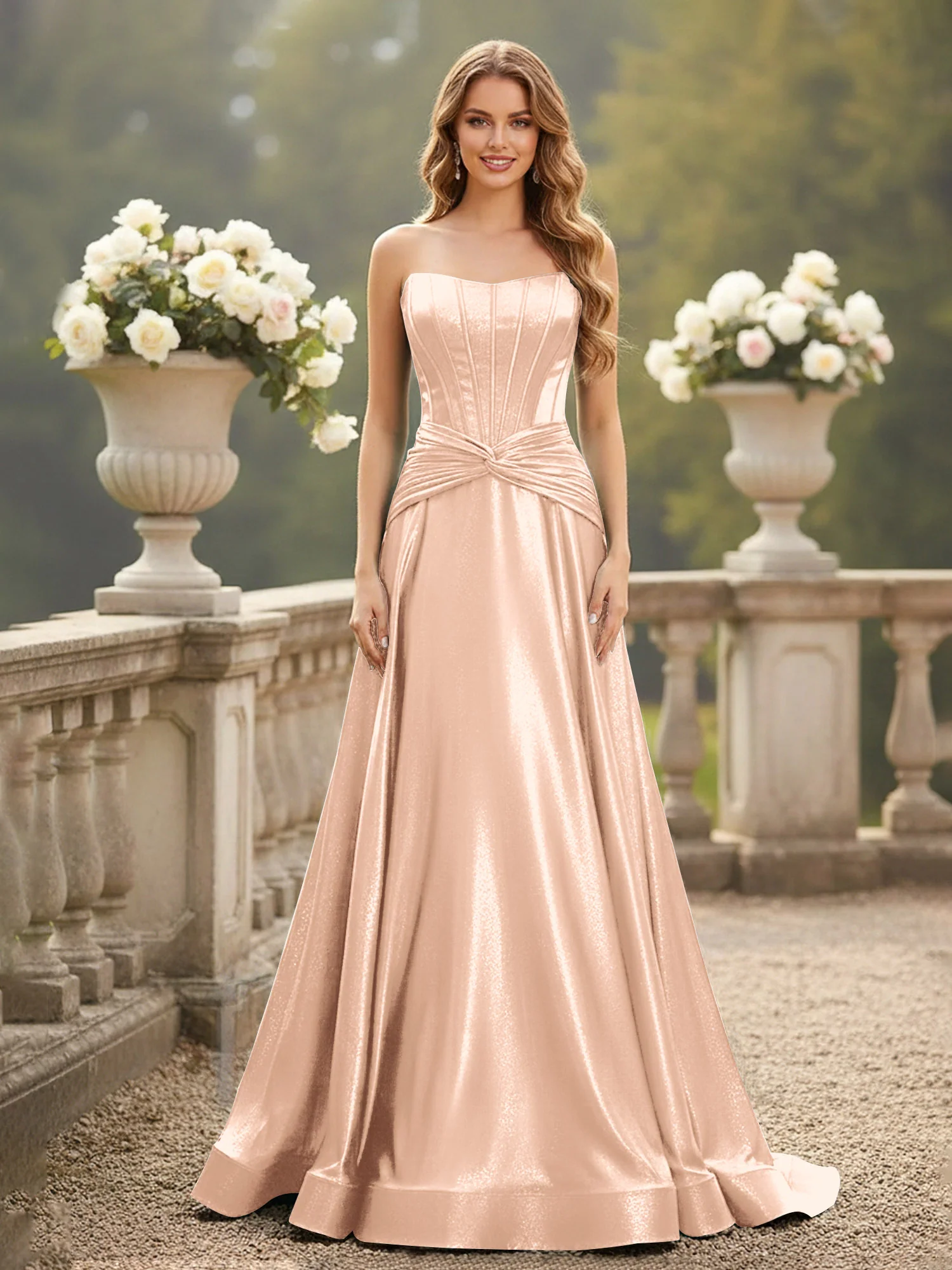 Strapless Pleated A-Line Sweep Train Gown Peach