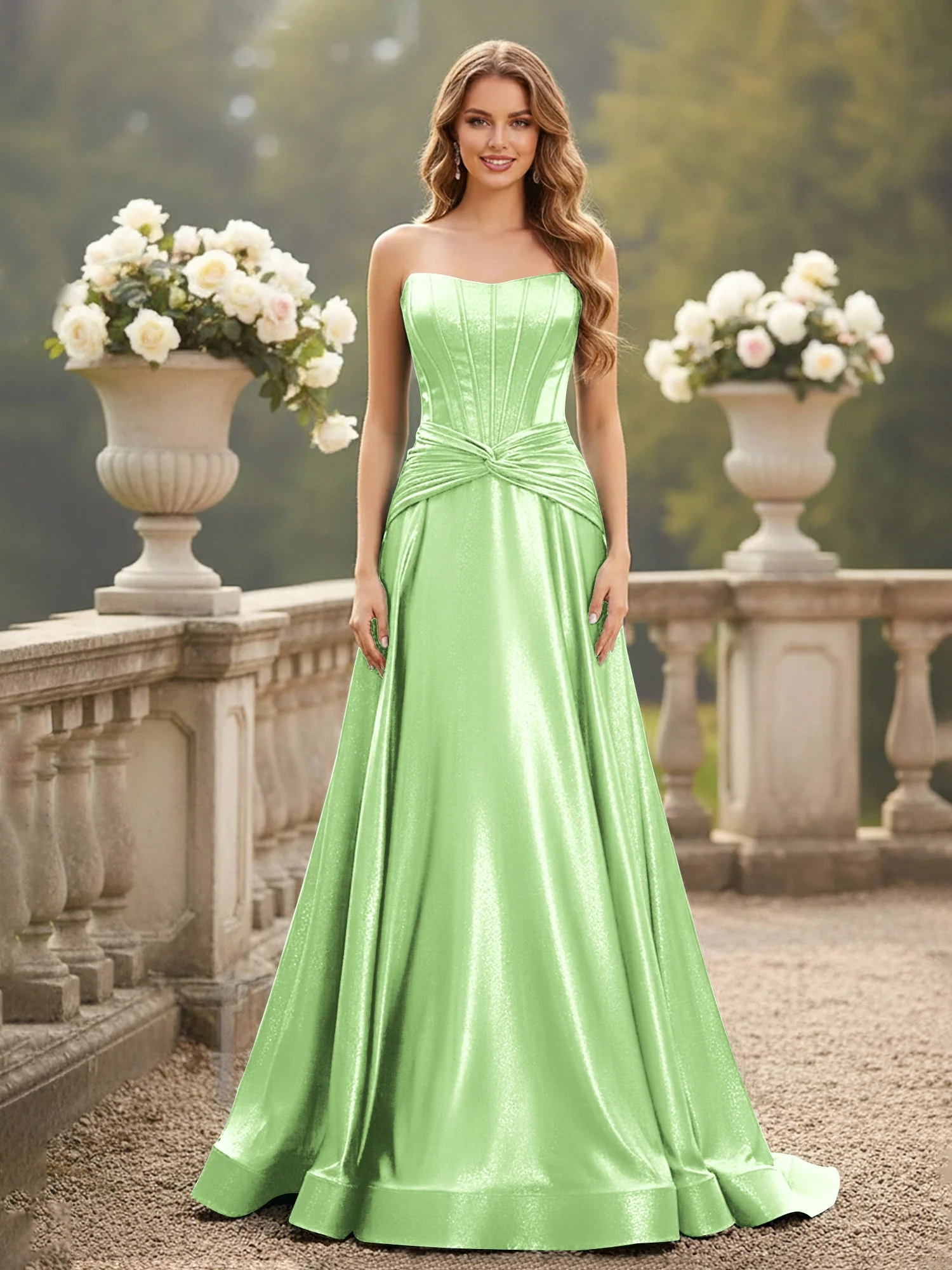 Strapless Pleated A-Line Sweep Train Gown Sage