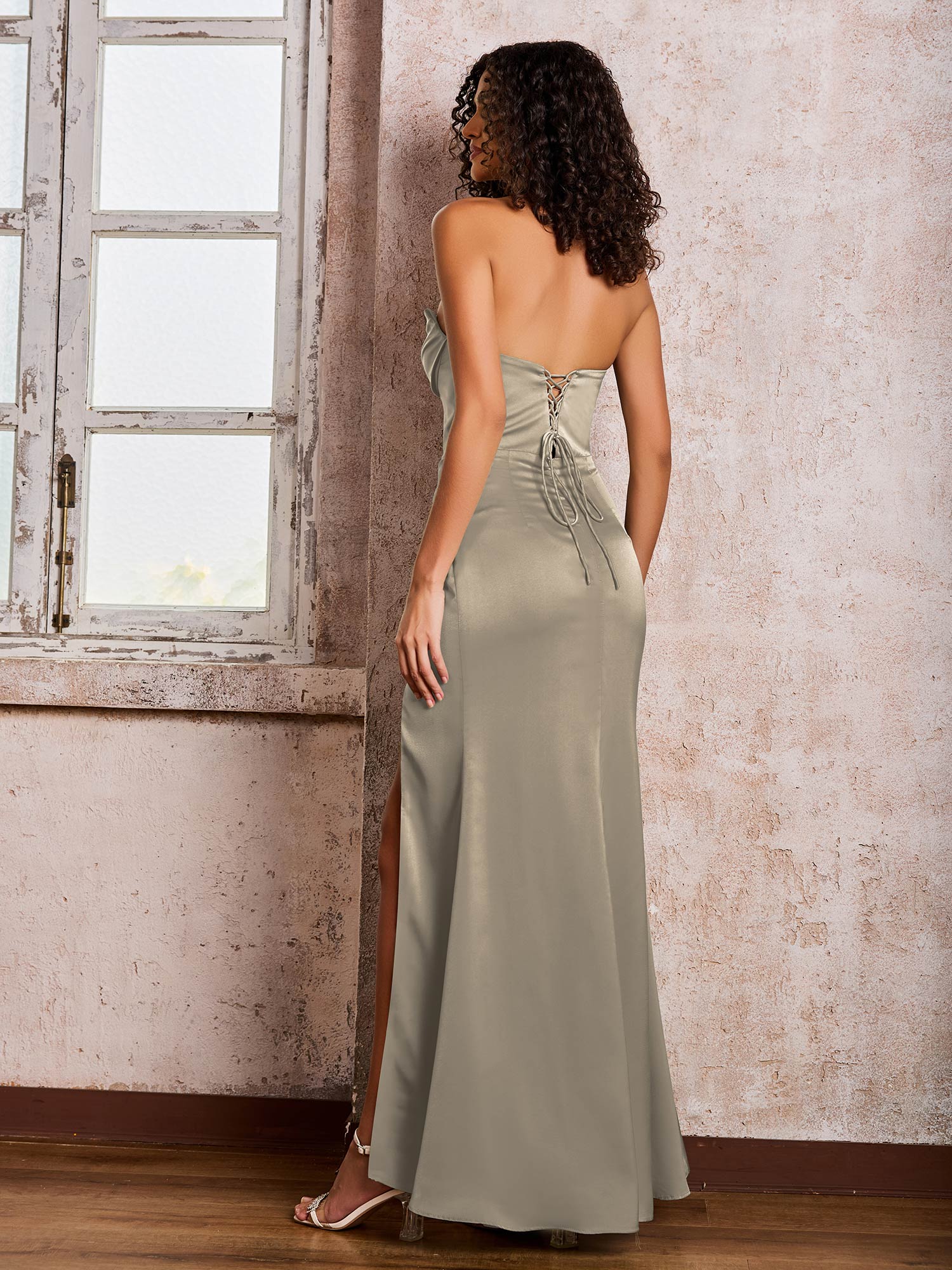 Strapless Sheath/Column Soft Satin With High Slit Taupe - Image 3