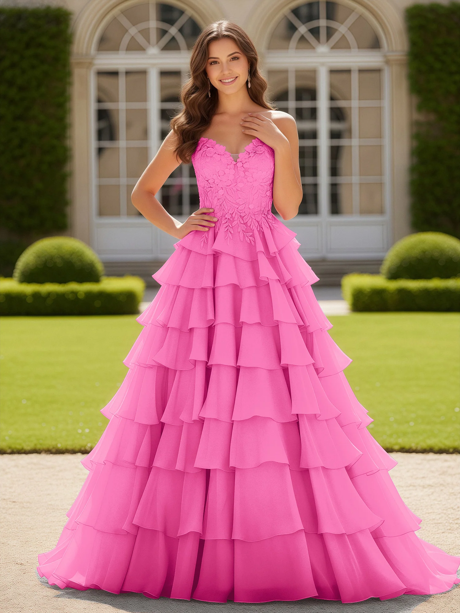 Sweetheart Applique Corset Tiered Chiffon Ball Gown Azalea