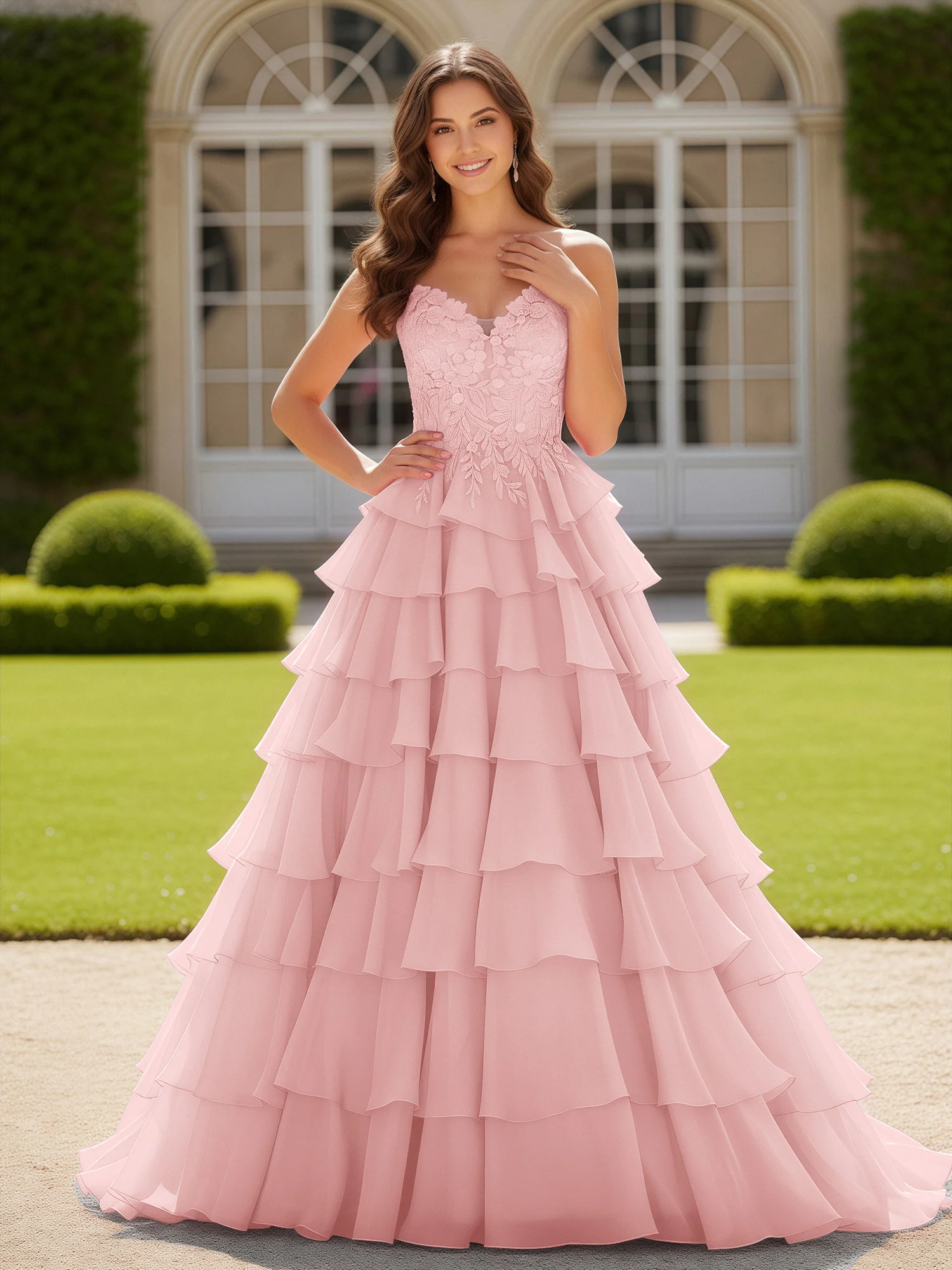 Sweetheart Applique Corset Tiered Chiffon Ball Gown Dusty Rose