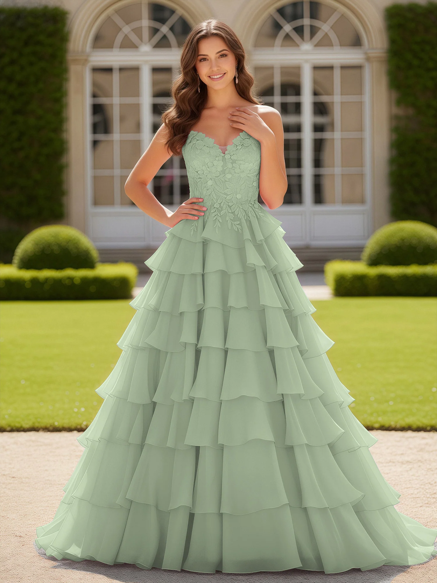 Sweetheart Applique Corset Tiered Chiffon Ball Gown Dusty Sage