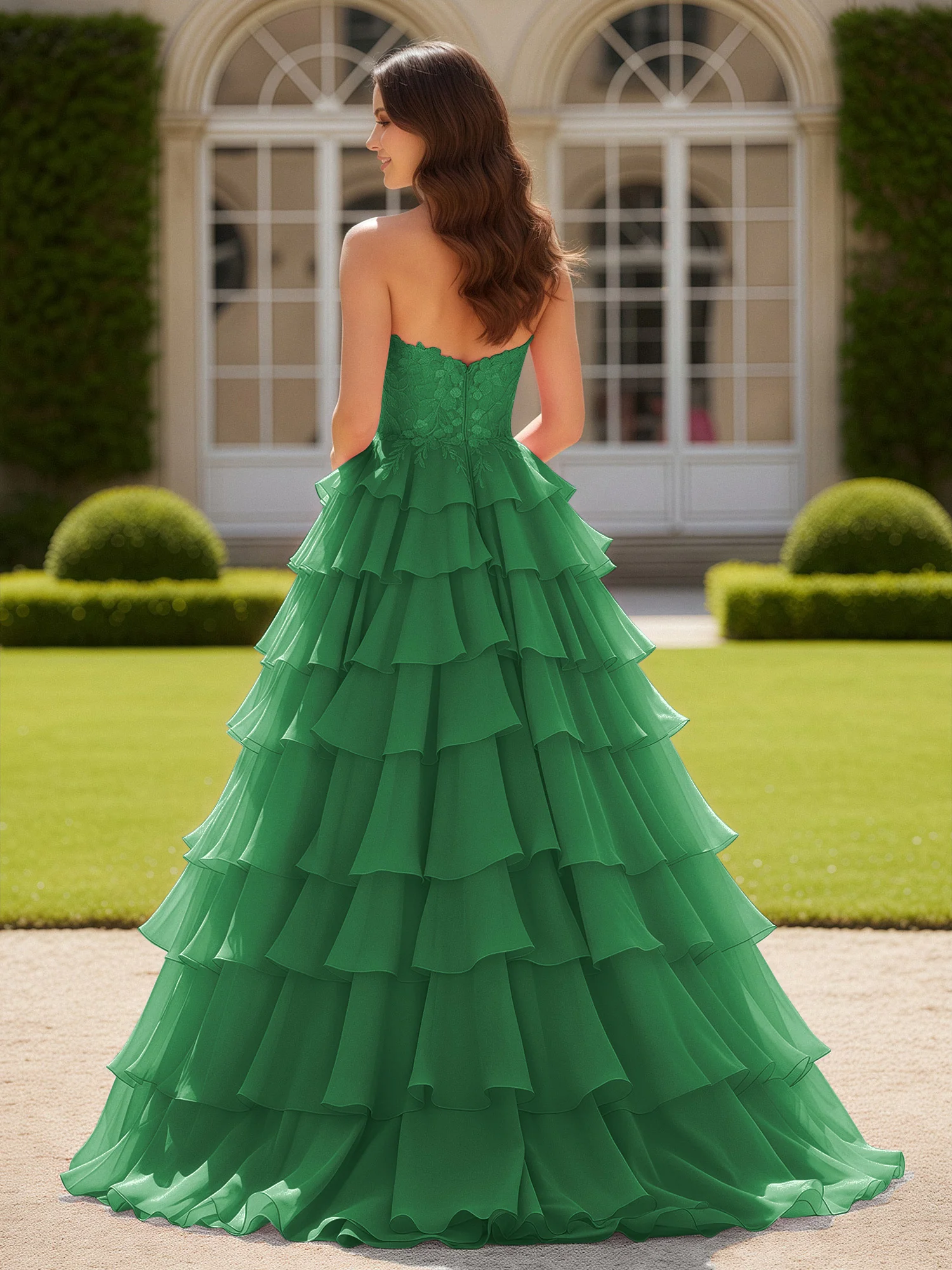 Sweetheart Applique Corset Tiered Chiffon Ball Gown Emerald - Image 2