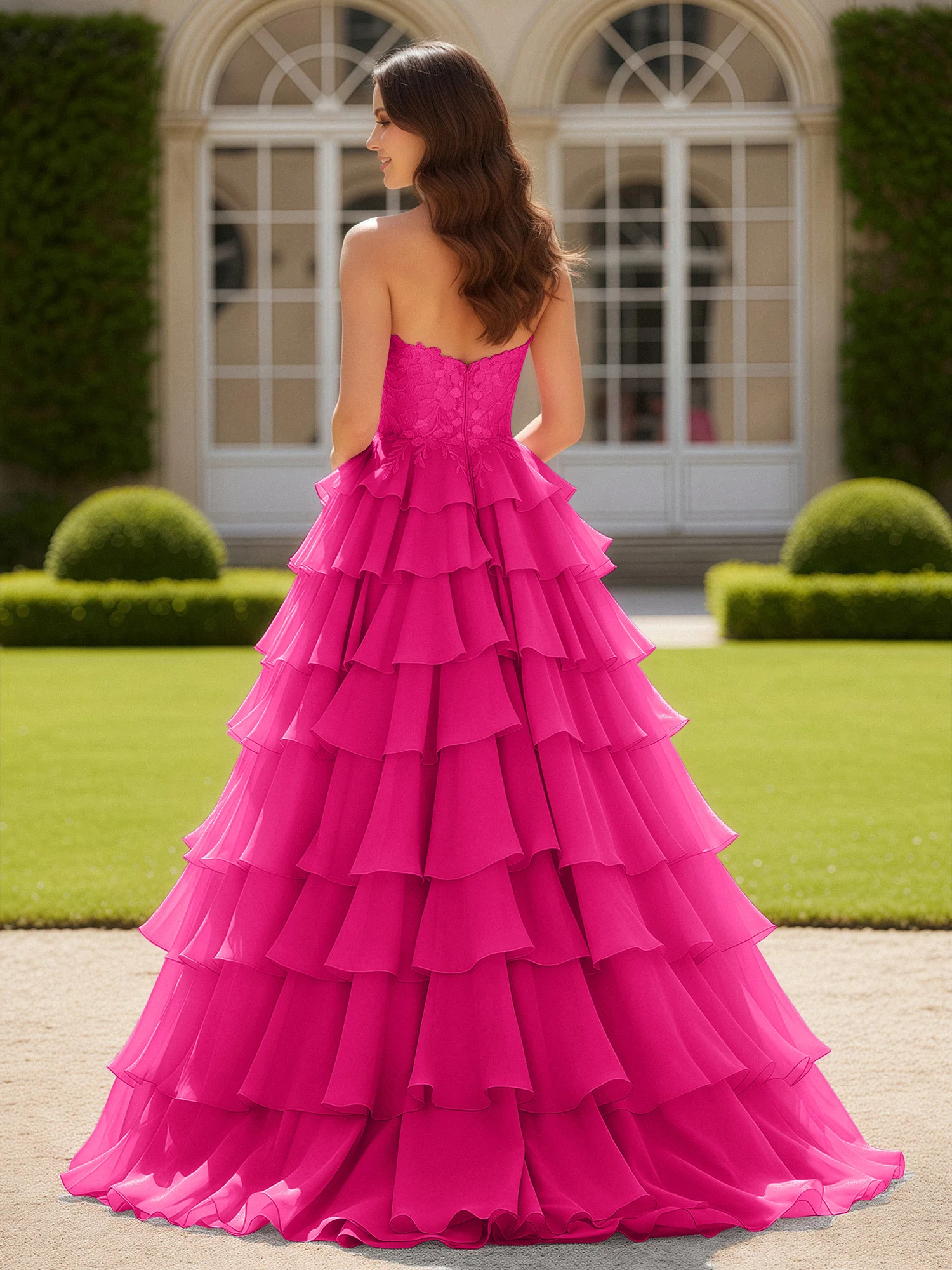 Sweetheart Applique Corset Tiered Chiffon Ball Gown Fuchsia - Image 2