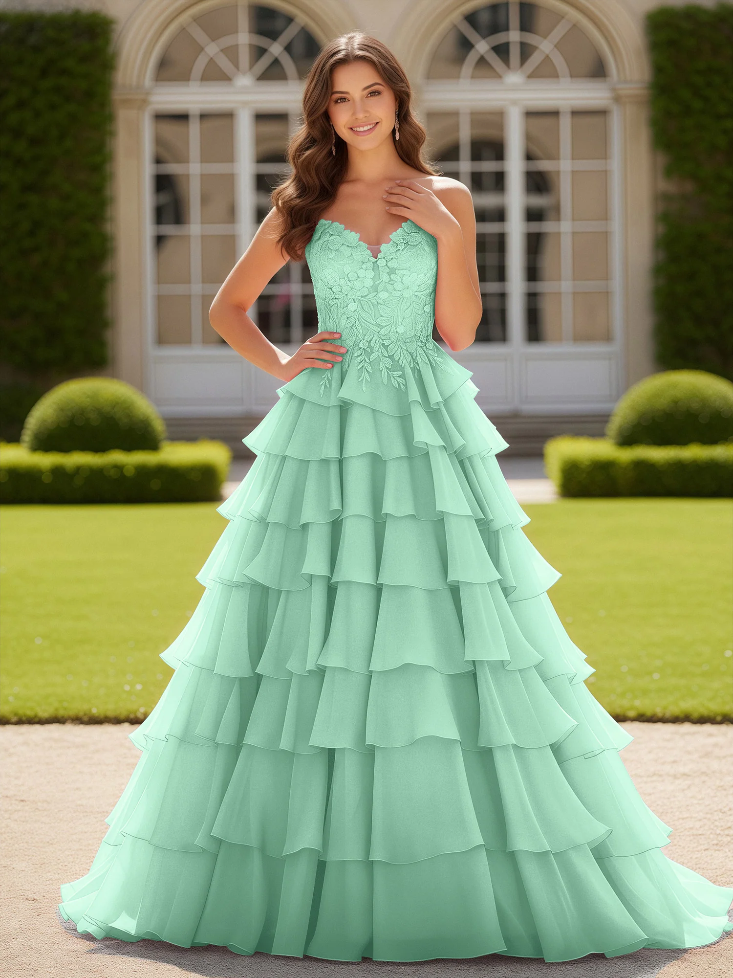 Sweetheart Applique Corset Tiered Chiffon Ball Gown Mint Green