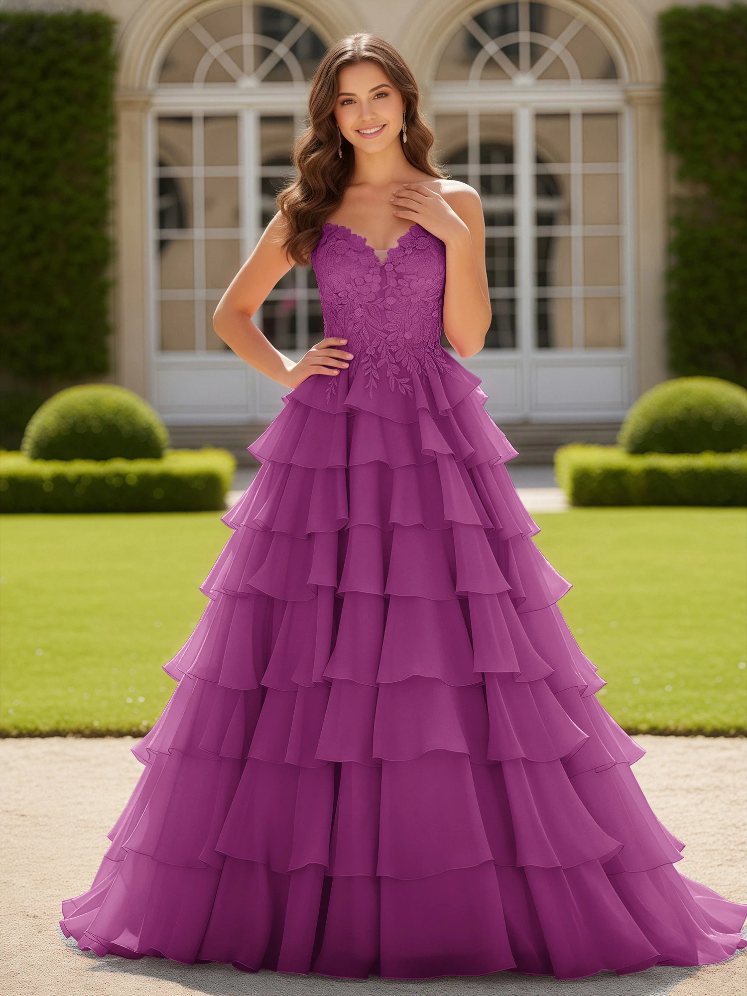 Sweetheart Applique Corset Tiered Chiffon Ball Gown Orchid