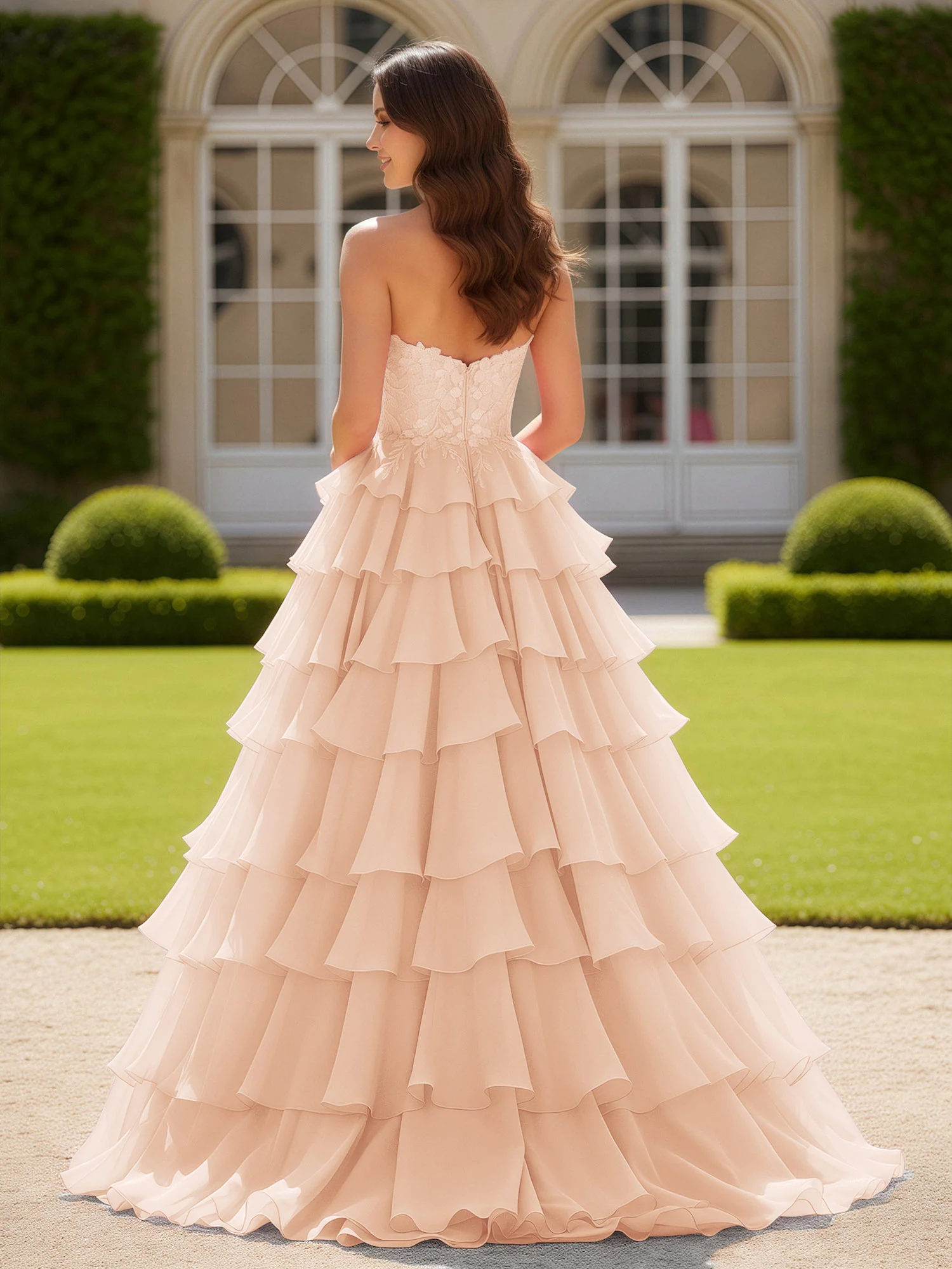 Sweetheart Applique Corset Tiered Chiffon Ball Gown Pearl Pink - Image 2