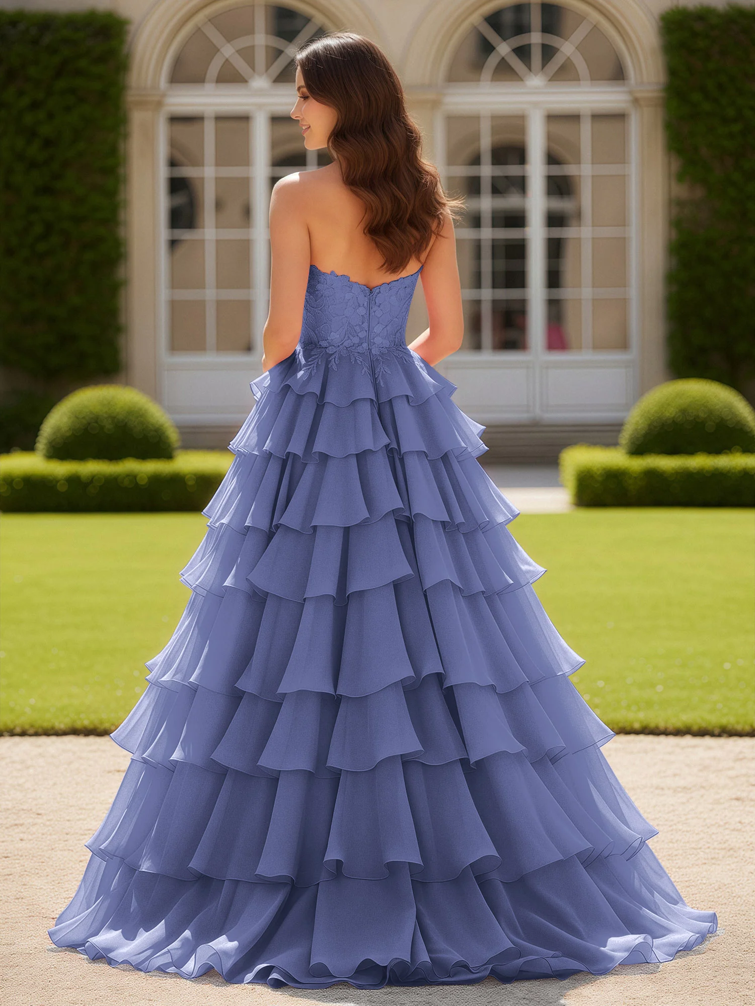 Sweetheart Applique Corset Tiered Chiffon Ball Gown Periwinkle - Image 2