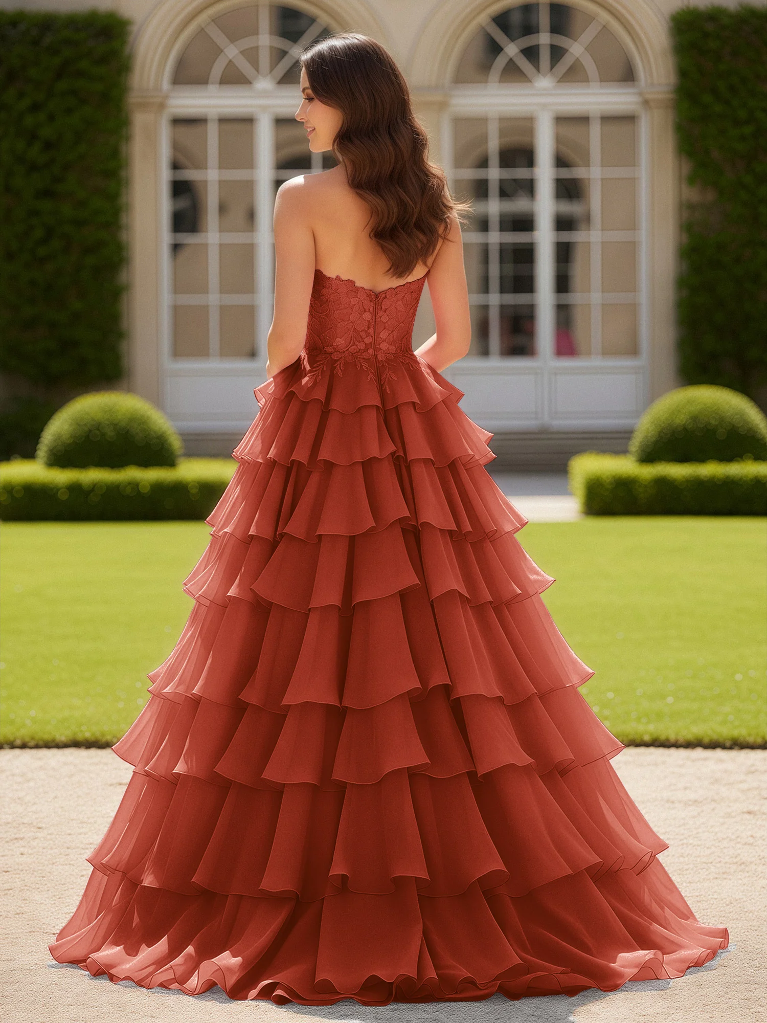 Sweetheart Applique Corset Tiered Chiffon Ball Gown Rust - Image 2