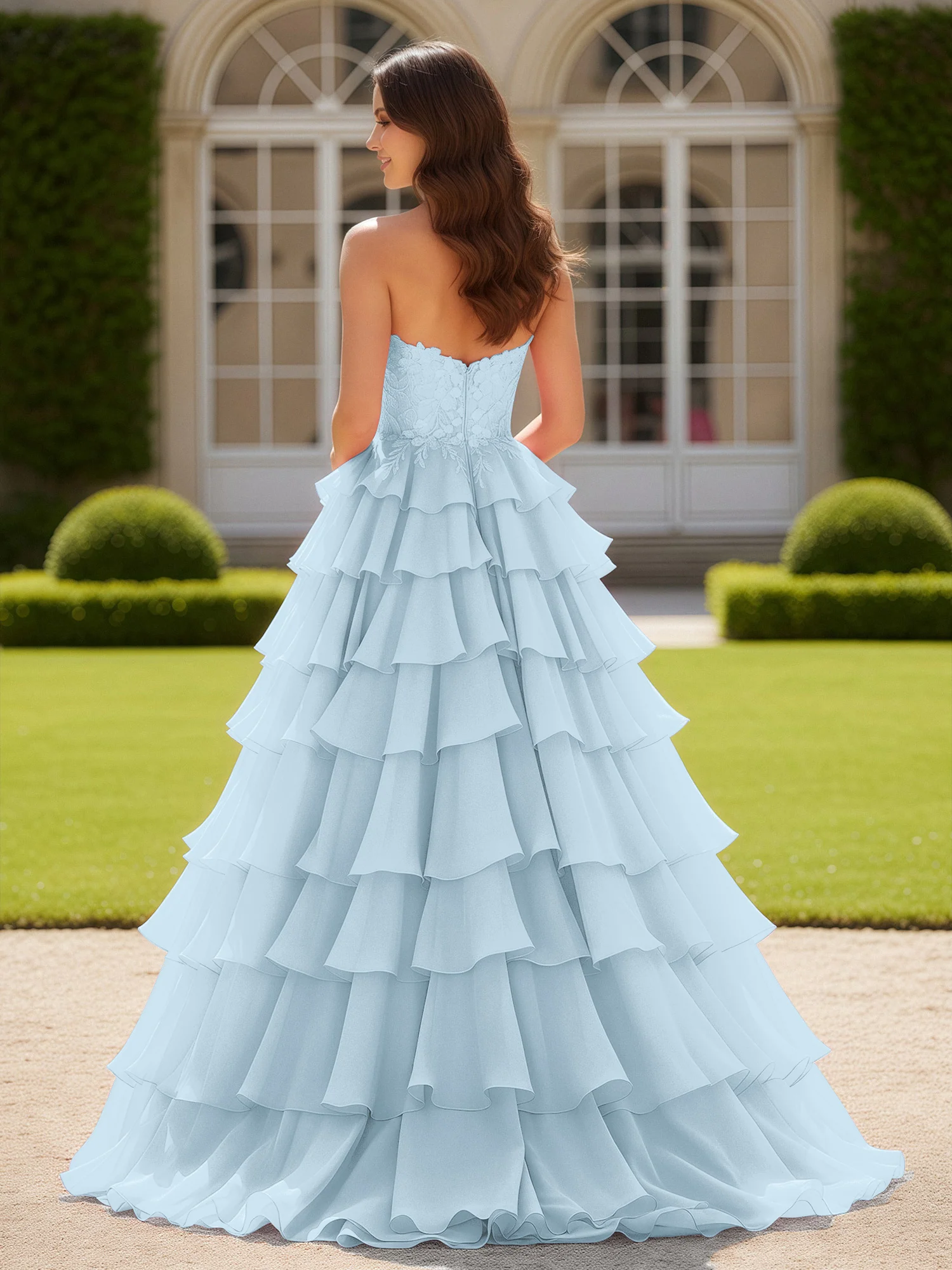 Sweetheart Applique Corset Tiered Chiffon Ball Gown Sky Blue - Image 2