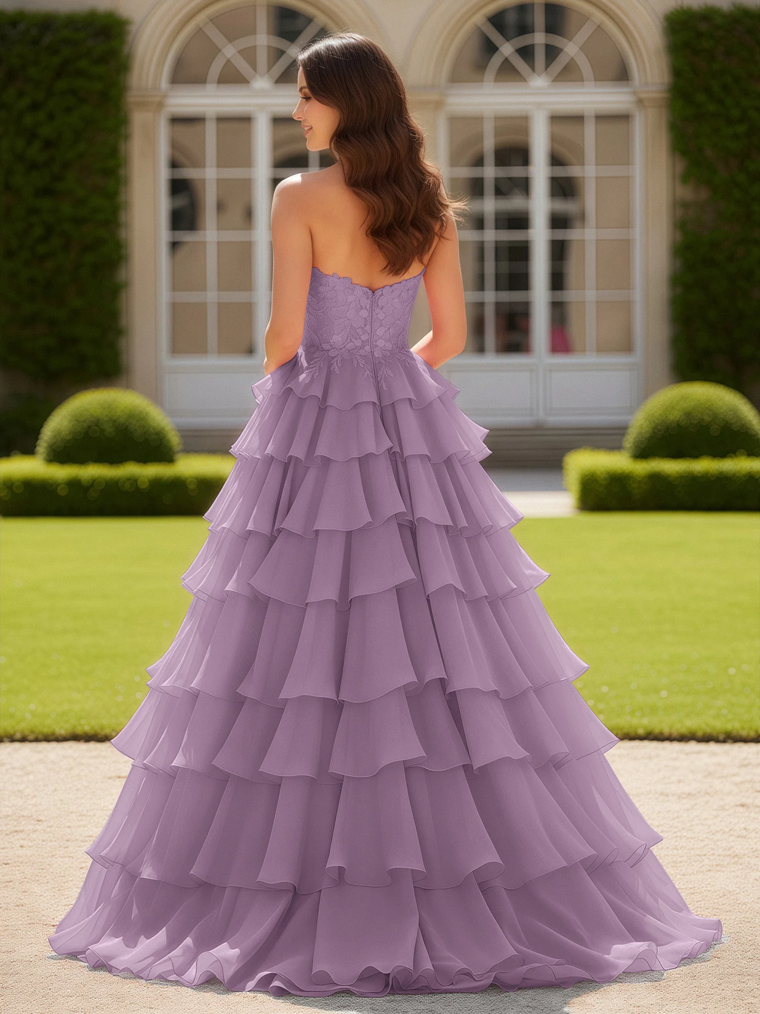 Sweetheart Applique Corset Tiered Chiffon Ball Gown Wisteria - Image 2