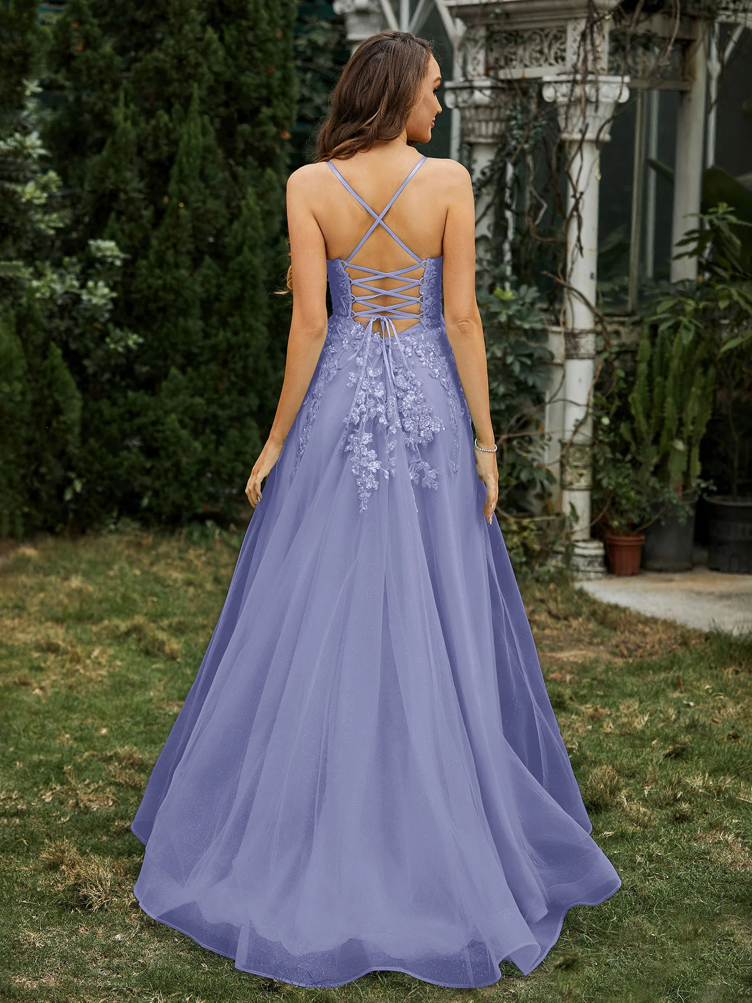 Sweetheart Appliqued Bodice Sweep Train Gown Periwinkle - Image 2