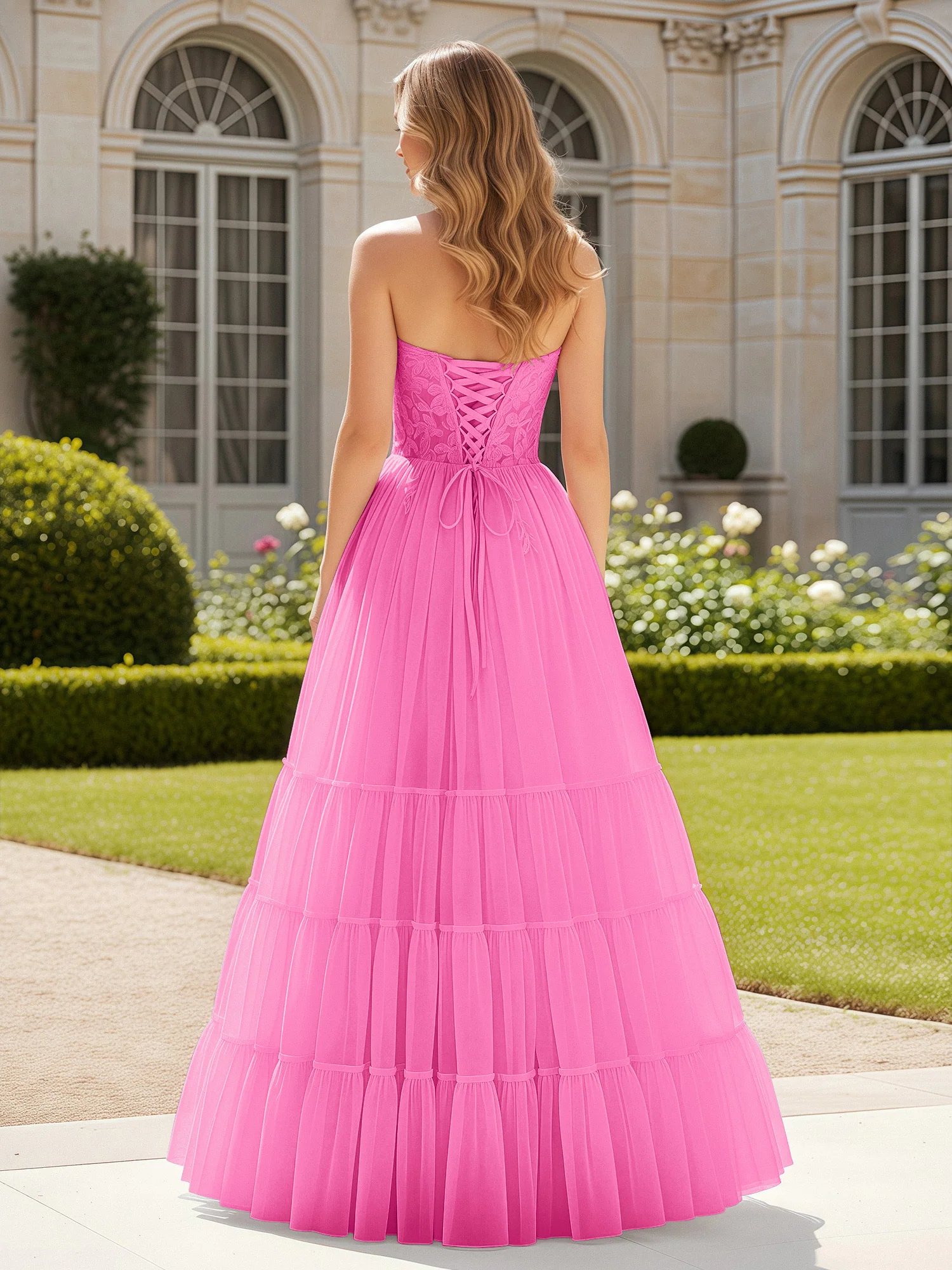 Sweetheart Appliqued Corset Tulle Dress With Slit Azalea - Image 2