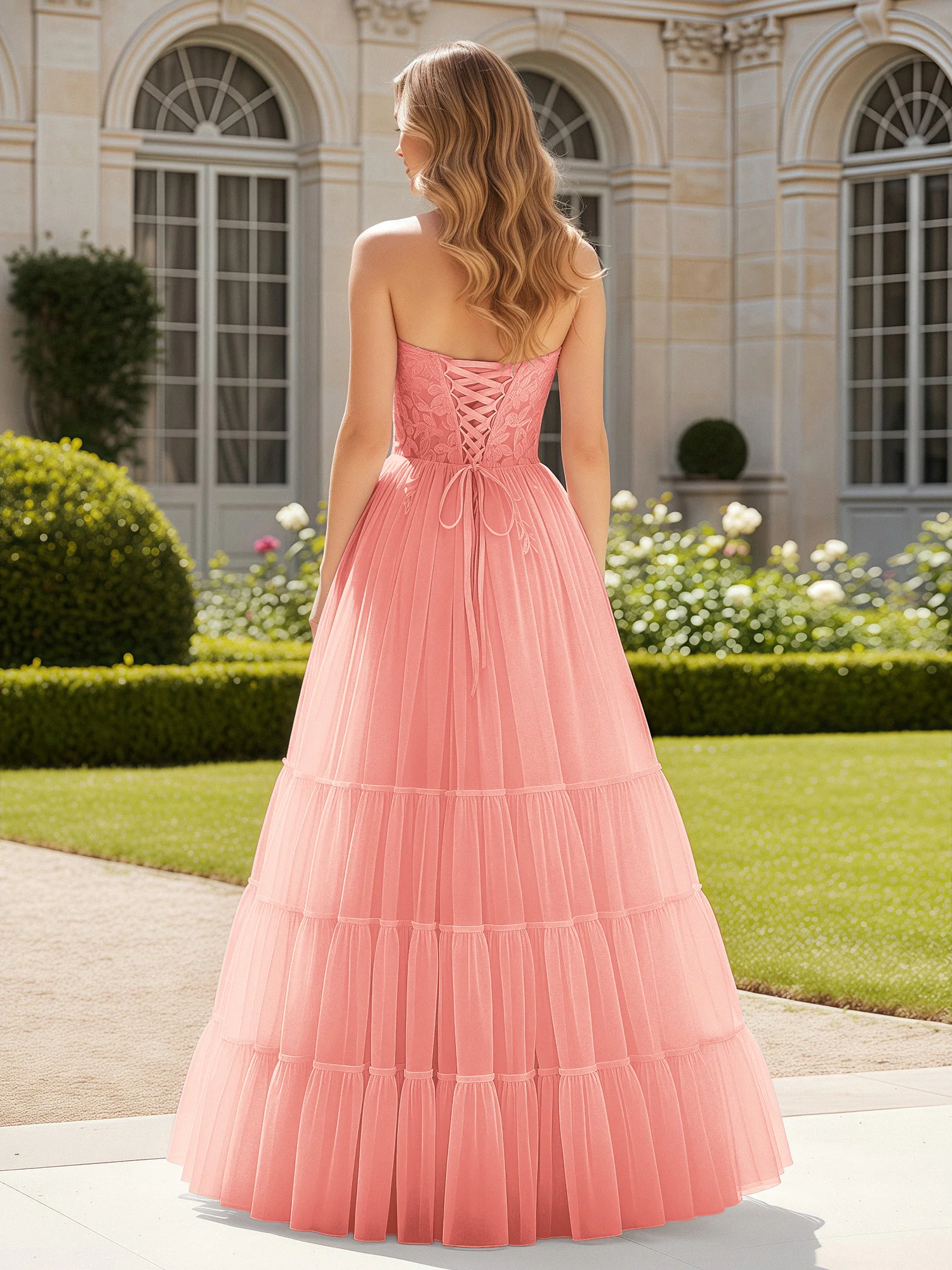 Sweetheart Appliqued Corset Tulle Dress With Slit  Coral - Image 2