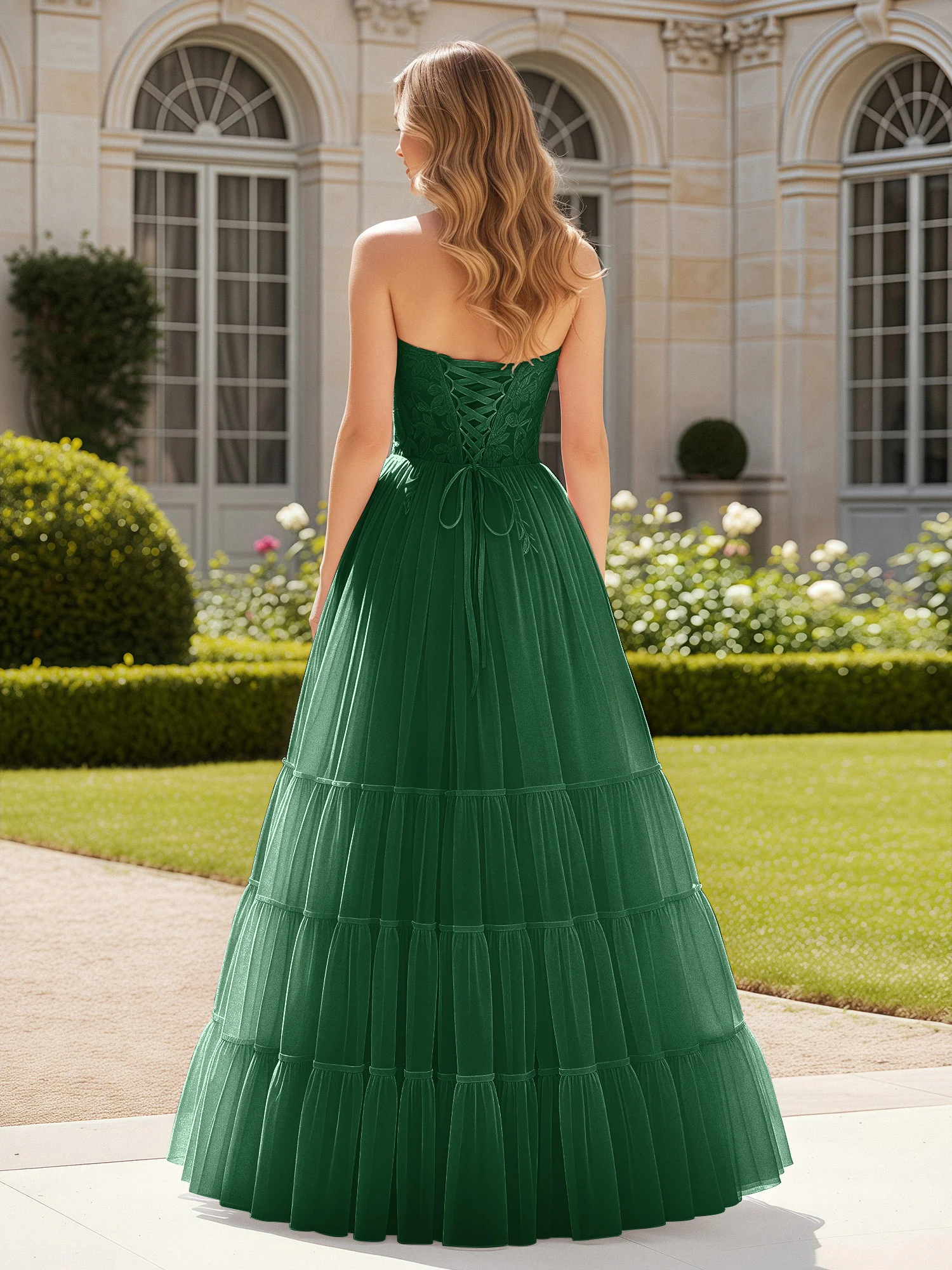 Sweetheart Appliqued Corset Tulle Dress With Slit  Dark Green - Image 2