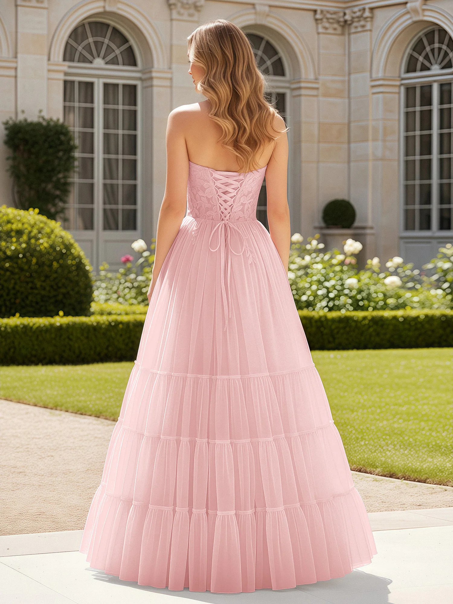Sweetheart Appliqued Corset Tulle Dress With Slit  Dusty Rose - Image 2